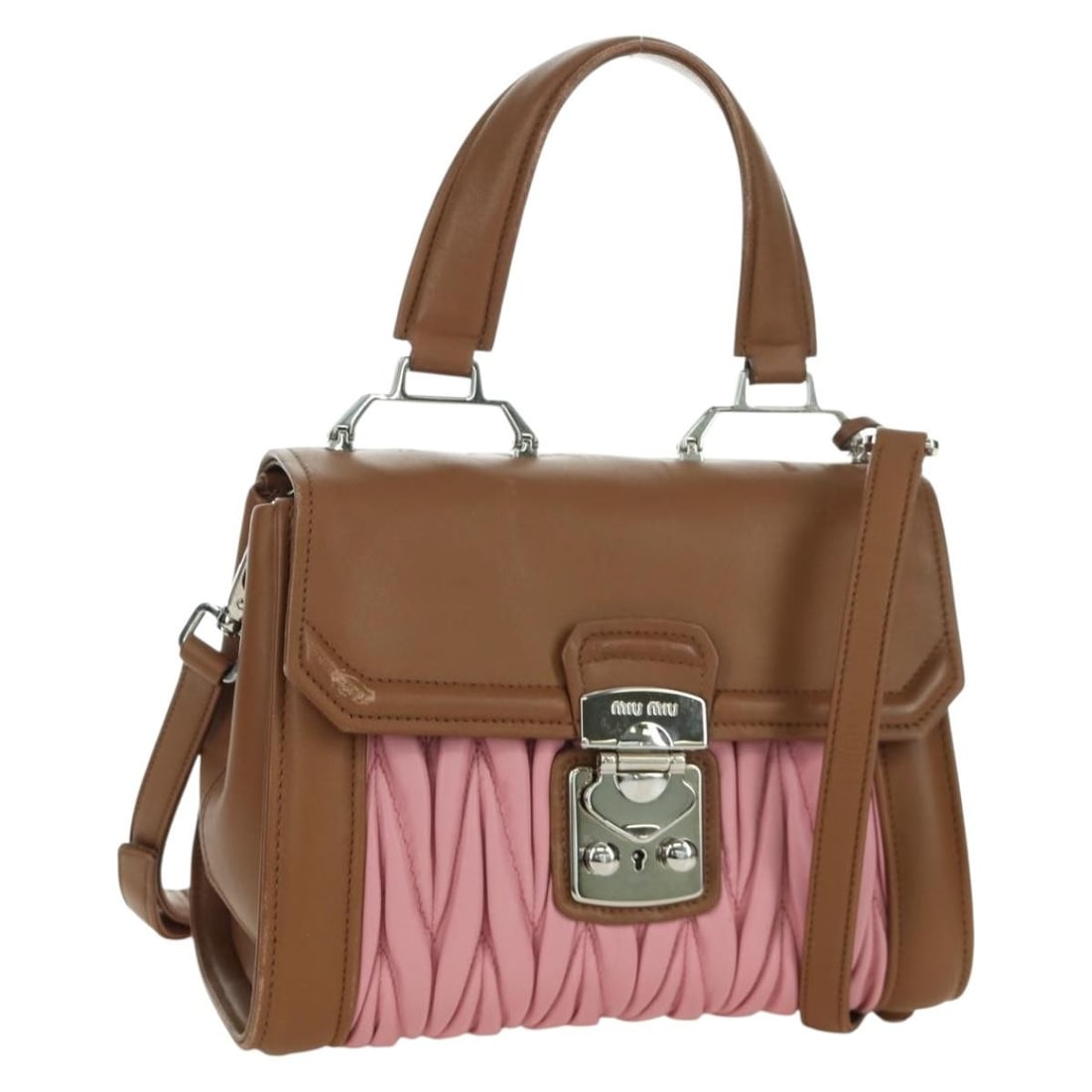 Miu Miu Matelasse Leather 2way Handbag Pink Silver: Miu Miu Matelasse Leather 2way Handbag Pink Silver Miu Miu matelasse 2-way handbag in pink and silver leather. Made in Italy, this women's handbag includes dual carry options with top handles and a sh