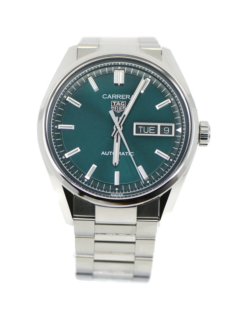 TAG Heuer Carrera Day Date Automatic Watch WDA2115 with Box and Papers: TAG Heuer Carrera Day Date Automatic Watch WDA2115 with Box and Papers This TAG Heuer Carrera Day Date wristwatch combines elegance and functionality with its striking green dial and robust stainless 