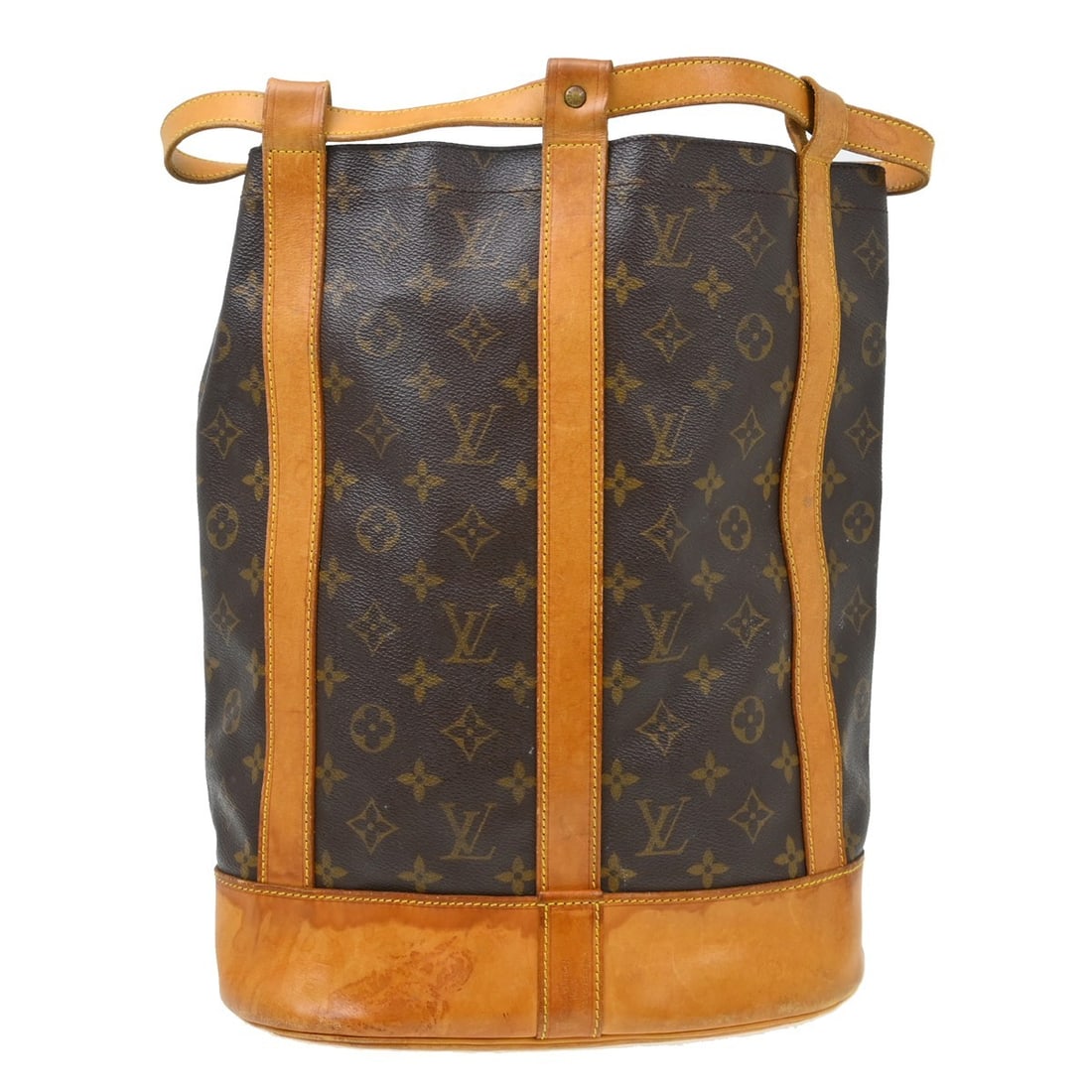 Louis Vuitton Randonnee PM Monogram Bucket Shoulder Bag M42243: Louis Vuitton Randonnee PM Monogram Bucket Shoulder Bag M42243 Vintage Louis Vuitton Randonnee PM bucket shoulder bag in brown Monogram canvas with leather strap and drawstring closure. The bag shows 