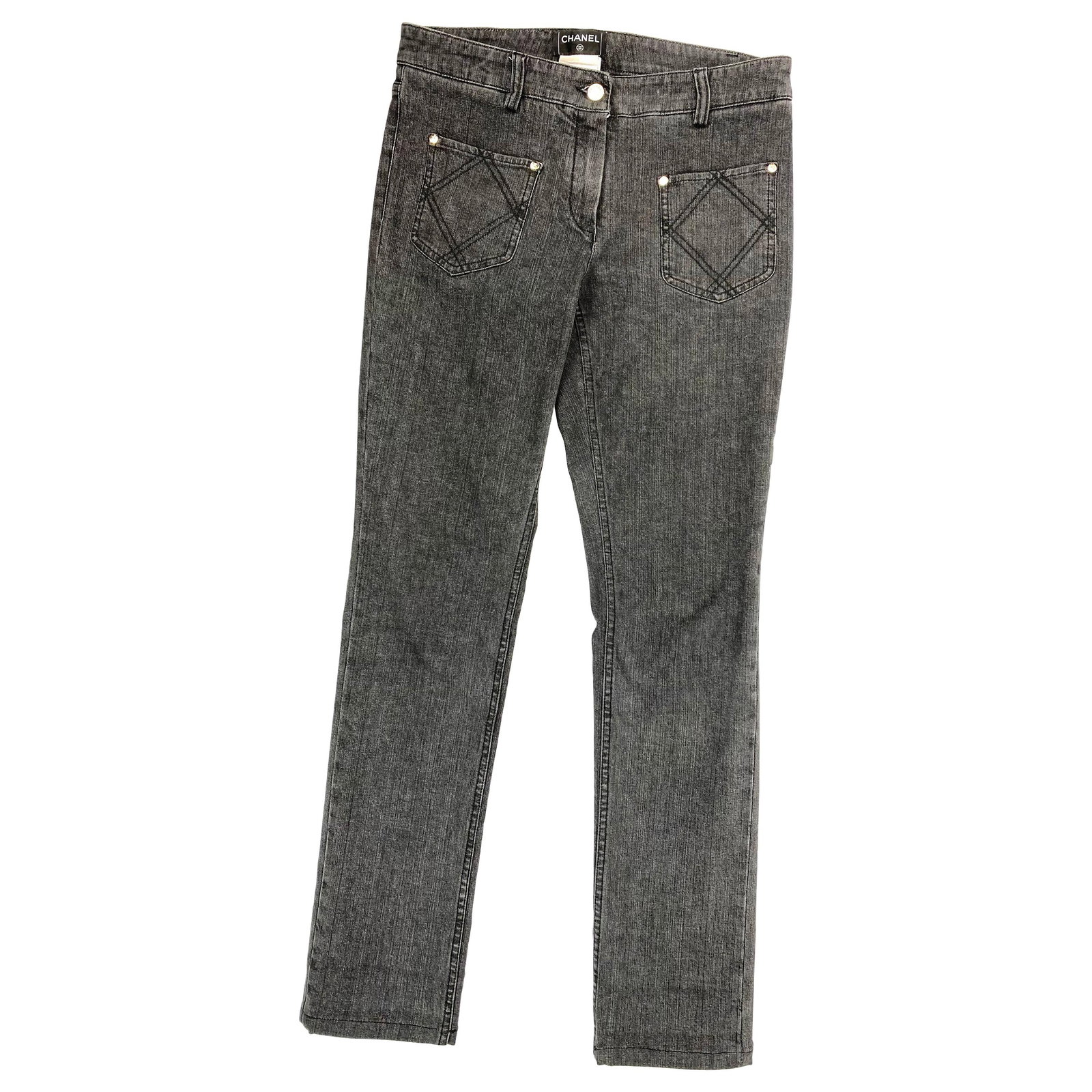 Chanel skinny fit grey denim jeans FR 40 Made in France: Chanel skinny fit grey denim jeans FR 40 Made in France Chanel grey denim pants in a skinny-to-straight fit with a grey wash and dual front and rear pocket detail. Made in France, these pants are