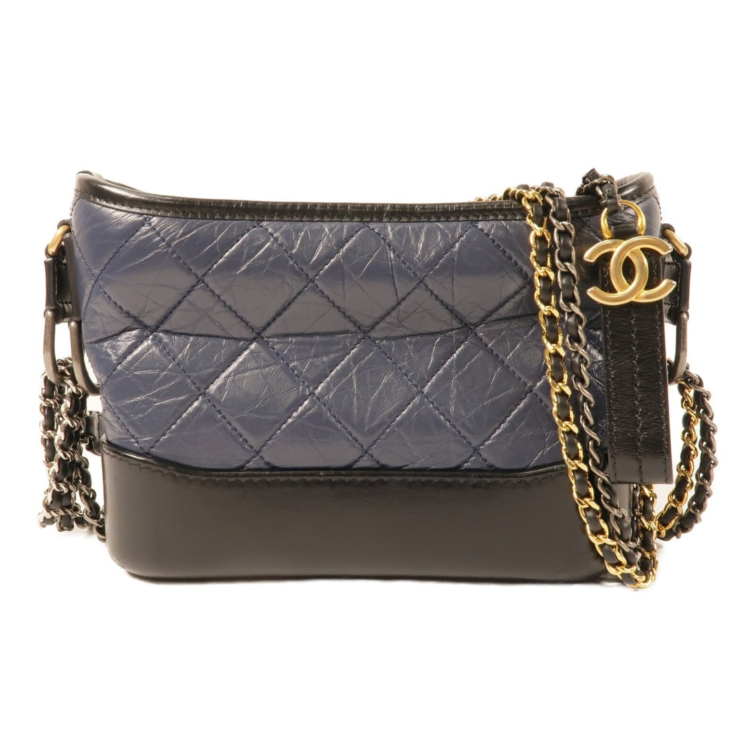 CHANEL Gabrielle A91810 Small Shoulder Bag Black Navy Calfskin: CHANEL Gabrielle A91810 Small Shoulder Bag Black Navy Calfskin CHANEL Gabrielle small chain shoulder bag in black and navy calfskin leather. This women's shoulder bag features a chain strap and an int