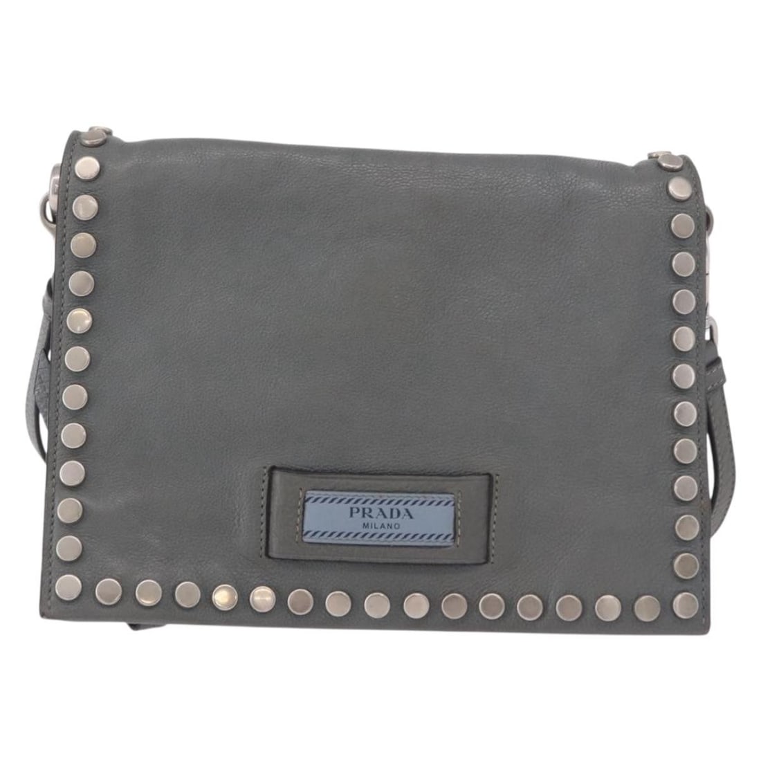 Prada Etiquette Flap Gray Leather Handbag Made in Italy: Prada Etiquette Flap Gray Leather Handbag Made in Italy Prada Etiquette Flap bag in gray leather with studded detailing. This women's bag is made in Italy and shows overall wear consistent with fair p
