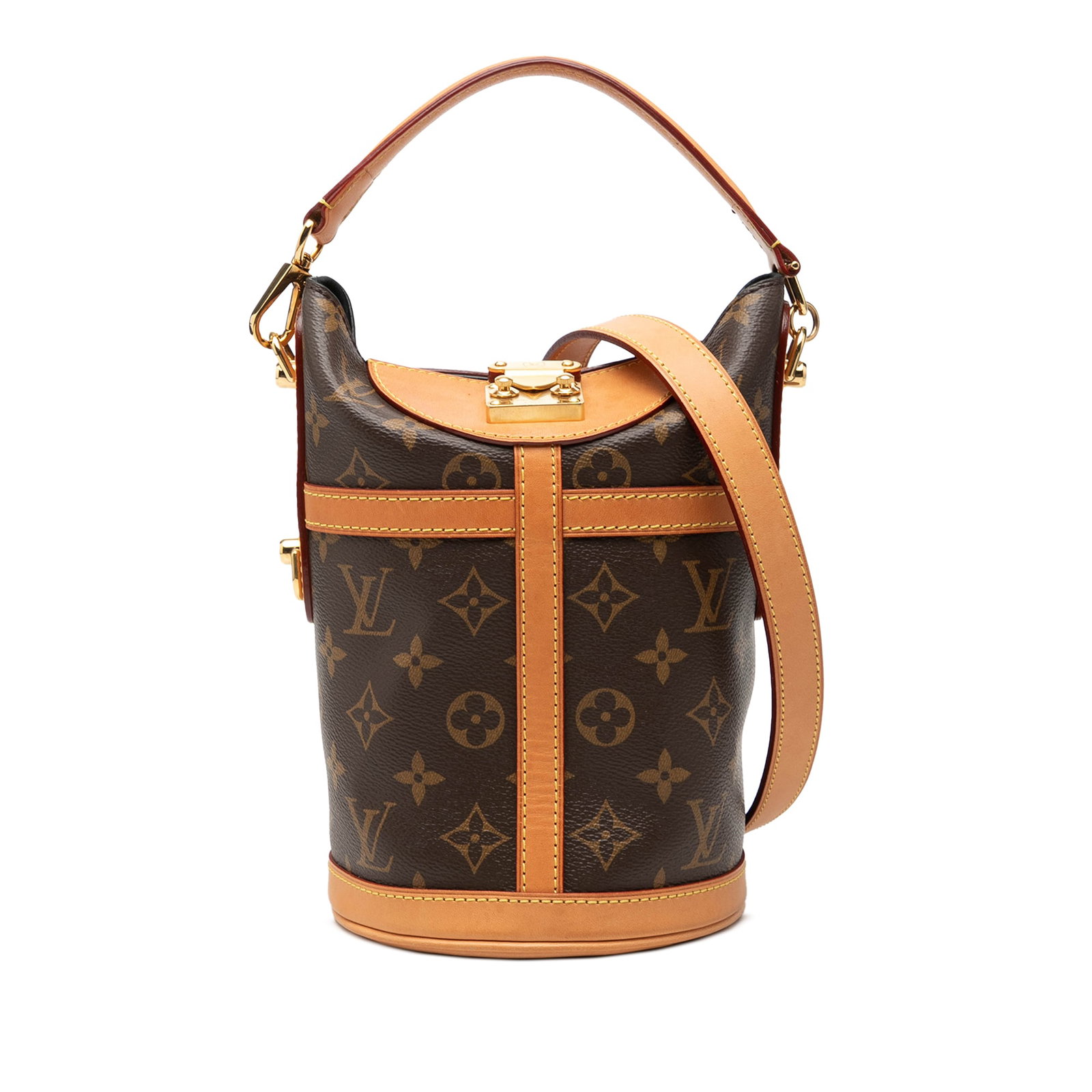 Louis Vuitton Duffle Bucket Monogram Canvas Shoulder Bag: Louis Vuitton Duffle Bucket Monogram Canvas Shoulder Bag Louis Vuitton Monogram Duffle Bucket Bag crafted with a monogram canvas body and vachetta leather trim. It features a flat vachetta leather han