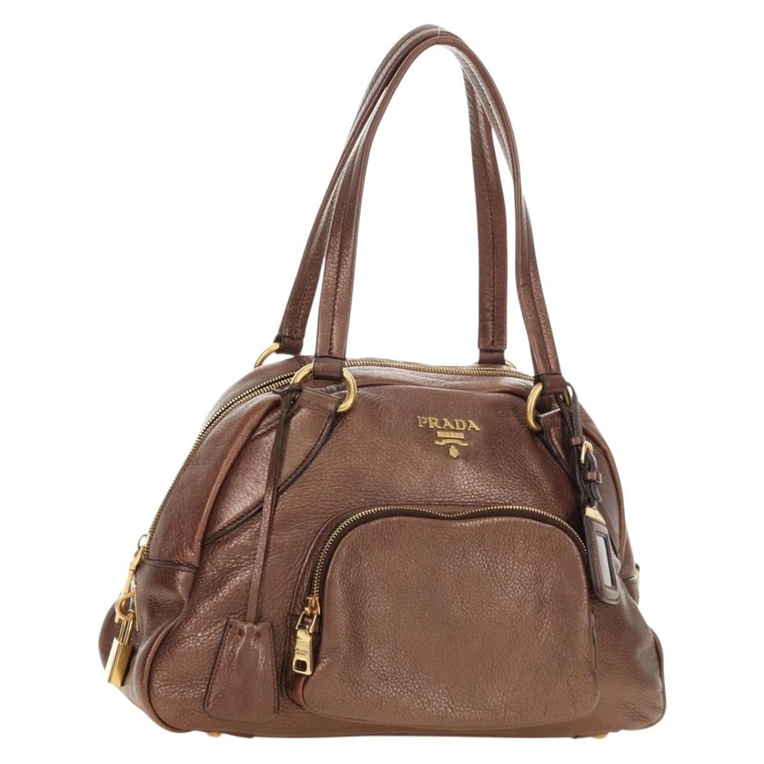 Prada BL0557 leather shoulder tote in brown with gold tone hardware: Prada BL0557 leather shoulder tote in brown with gold tone hardware Prada Ready Lock shoulder tote bag in brown leather with gold-tone accents. This women's tote is made in Italy and includes the dust