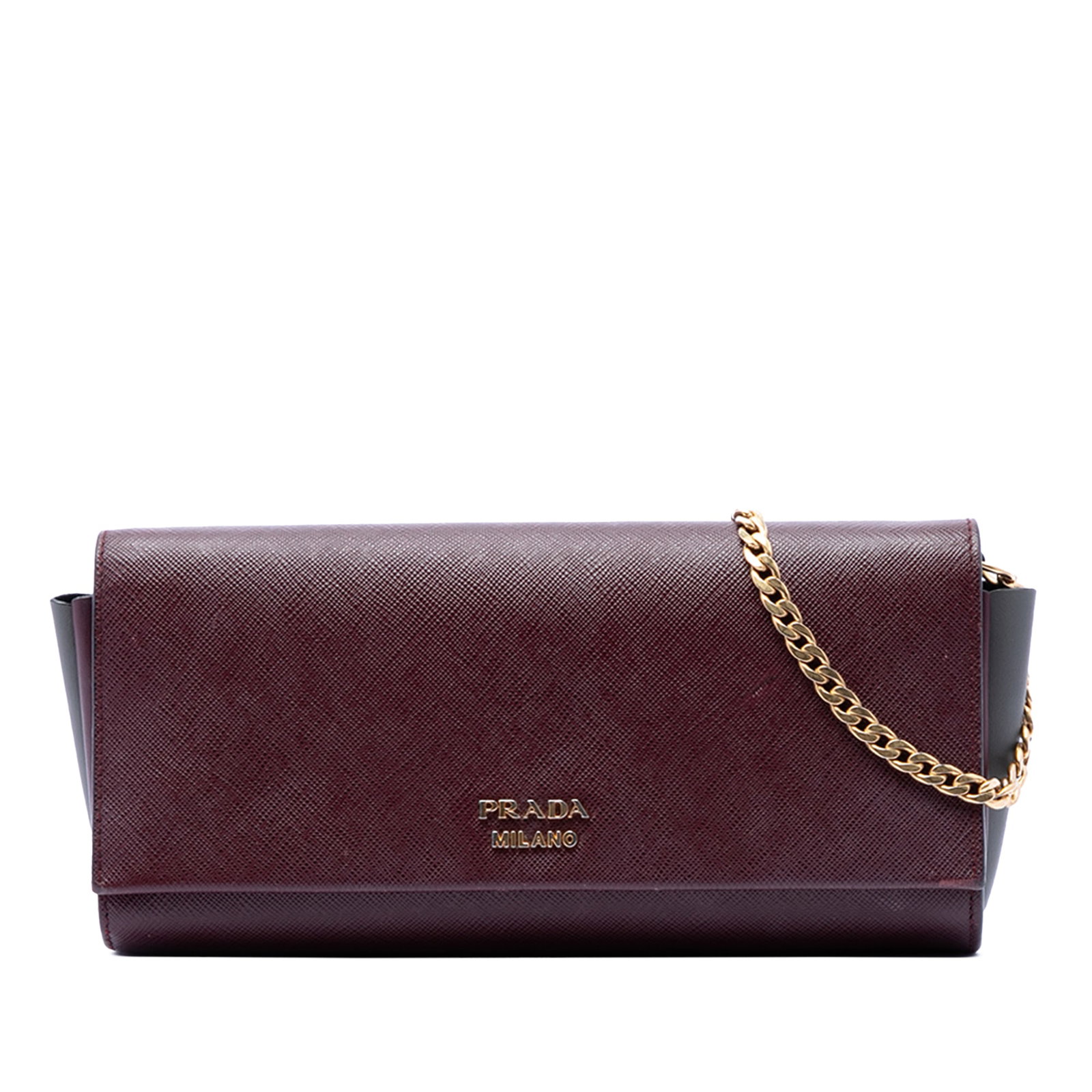 Prada Bibliotheque red saffiano calf leather crossbody clutch: Prada Bibliotheque red saffiano calf leather crossbody clutch This Prada Saffiano and City Calf Bibliotheque Clutch with Chain is crafted from saffiano and calf leather in a striking red hue. Designed