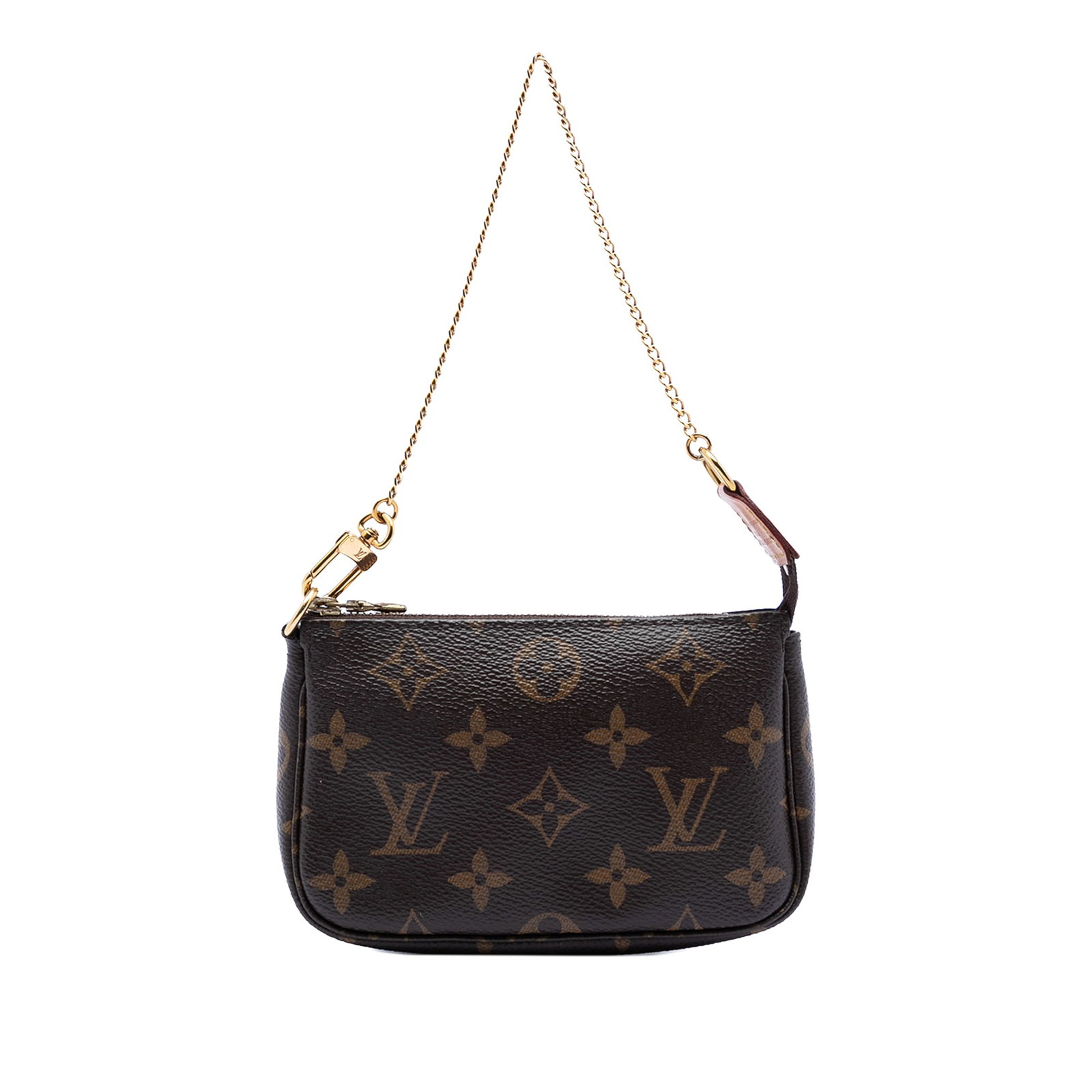 Louis Vuitton Mini Monogram Canvas Pouch with Gold Chain Strap: Louis Vuitton Mini Monogram Canvas Pouch with Gold Chain Strap This Louis Vuitton Mini Pochette Accessoires features the signature monogram canvas body with a gold-tone chain strap and a top zip closu