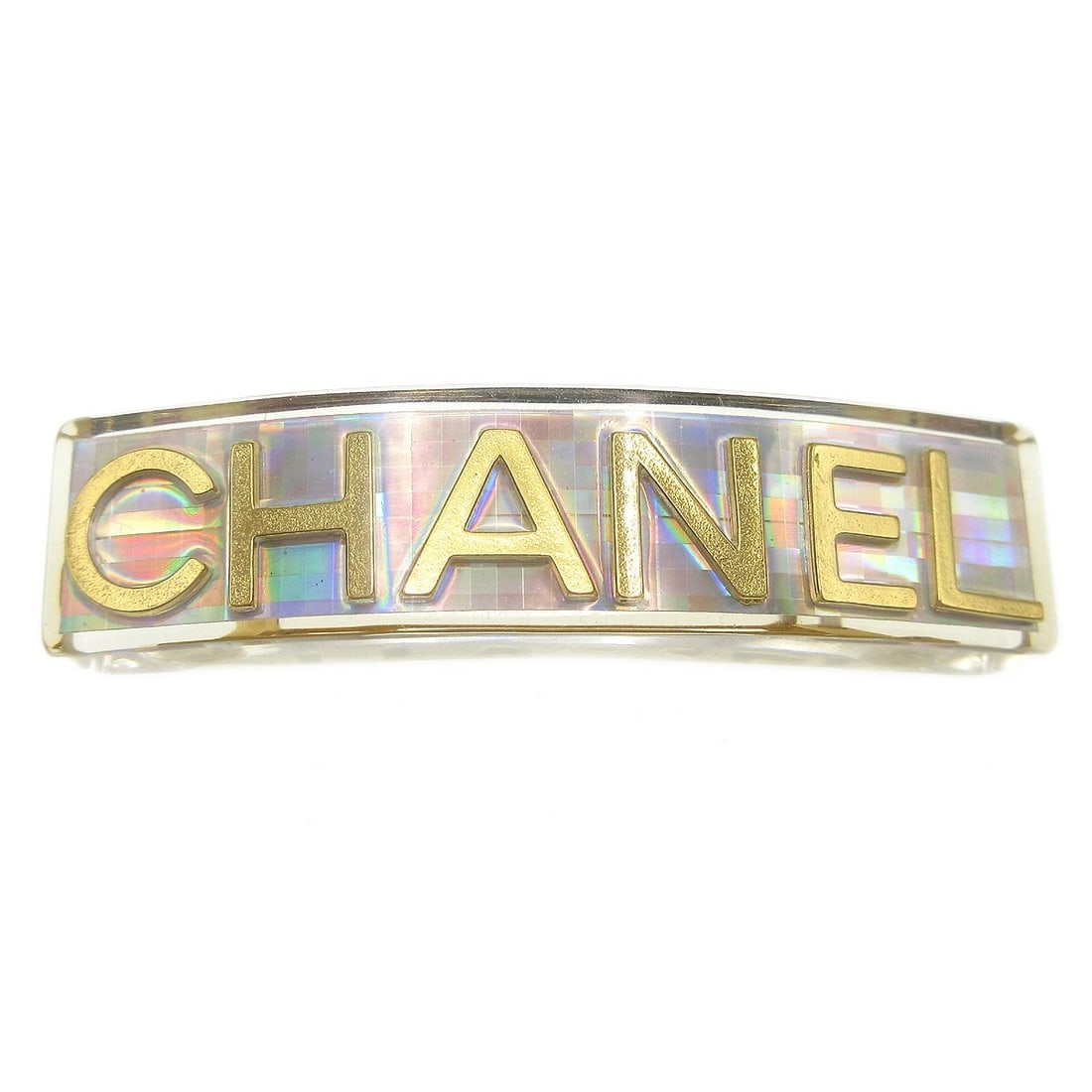 CHANEL 97P 62 Clear Gold Tone Barrette Hair Clip: CHANEL 97P 62 Clear Gold Tone Barrette Hair Clip Chanel women's barrette hair clip in clear and gold-tone styling. Made in France, this casual hair accessory is crafted from acrylic with gold-plated a
