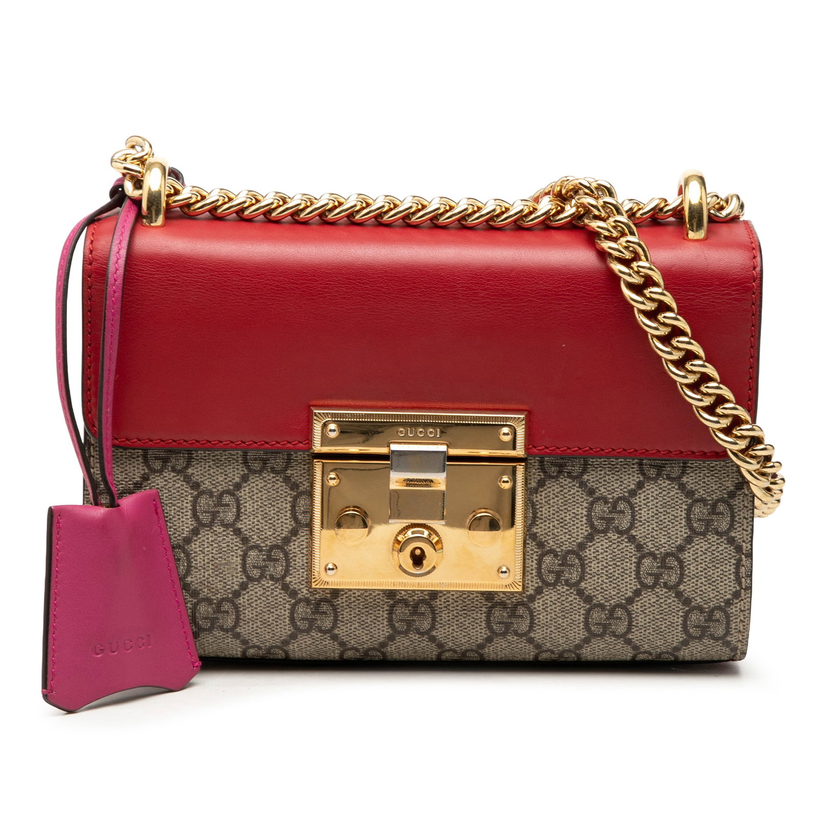 Gucci Padlock Small GG Supreme Crossbody Bag Beige: Gucci Padlock Small GG Supreme Crossbody Bag Beige Gucci Small GG Supreme Padlock Crossbody bag with a coated canvas body, chain link shoulder strap, and leather front flap with push lock closure. The