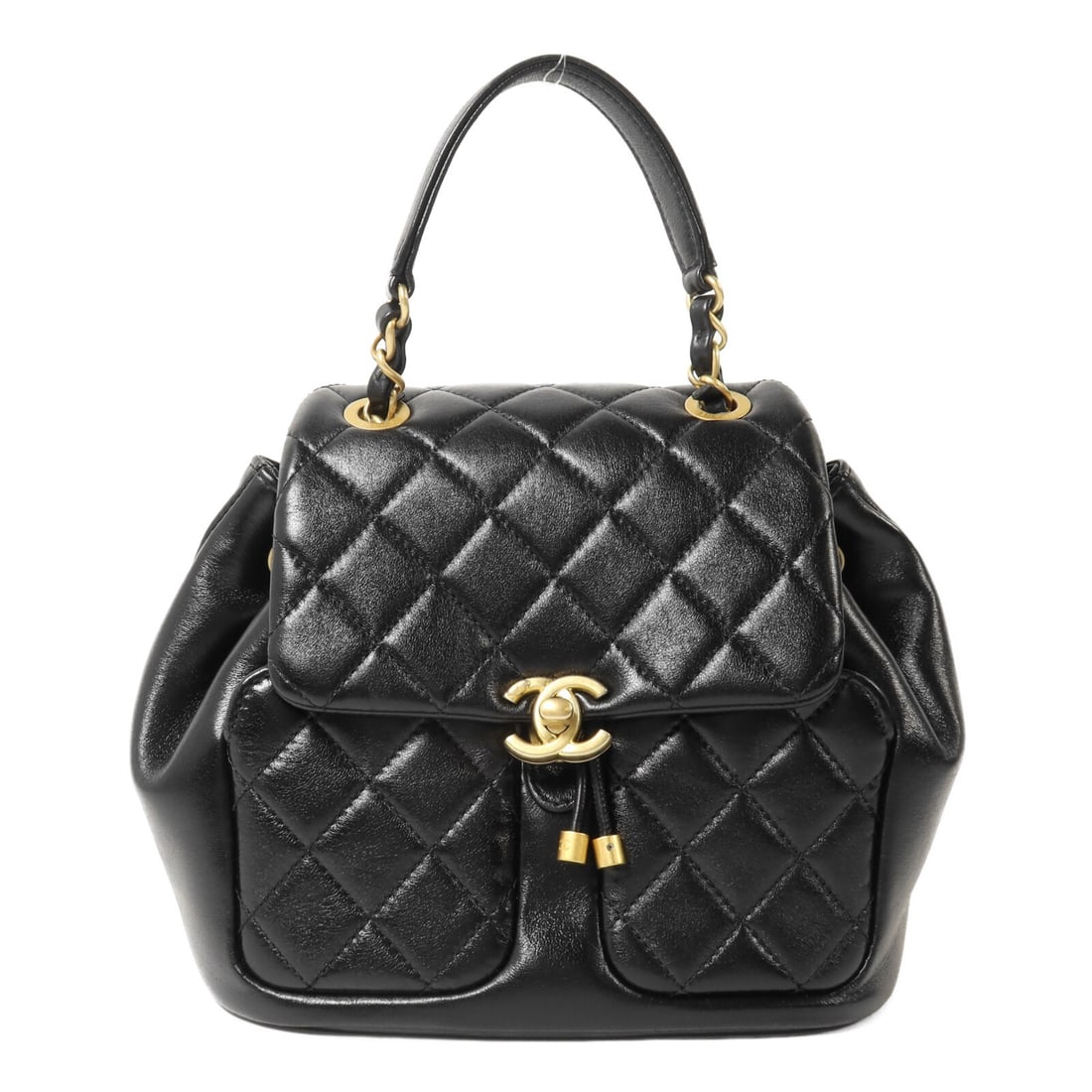 CHANEL Mini Duma AS4493 lambskin backpack black GHW: CHANEL Mini Duma AS4493 lambskin backpack black GHW A CHANEL Mini Duma Chain Backpack in black lambskin leather, presented in a rucksack backpack style. It features gold-tone hardware, a turn lock clo