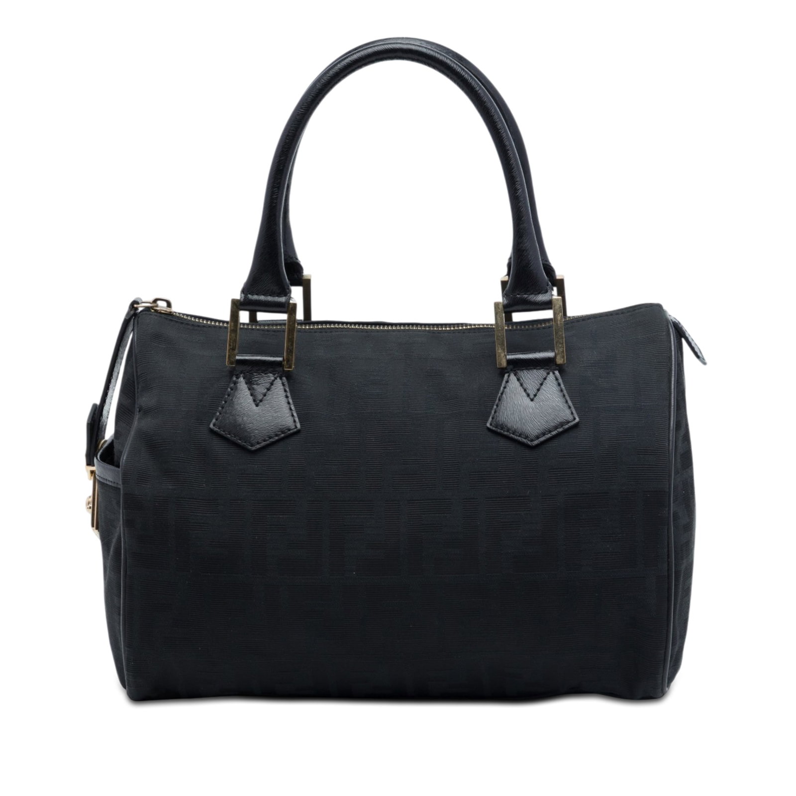 Fendi Zucca Boston Bag in Black Canvas with Leather Trim: Fendi Zucca Boston Bag in Black Canvas with Leather Trim Fendi Zucca Boston bag crafted with a canvas body and leather trim. It features rolled leather handles, a top zip closure, one exterior side sl