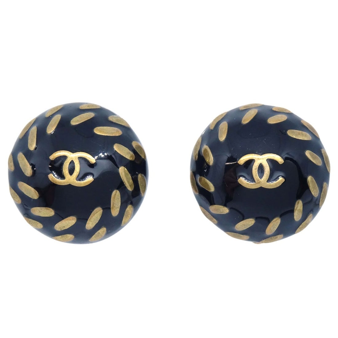 Chanel 98P CC Logo Button Clip On Earrings Gold Plated Black (1 of 5)