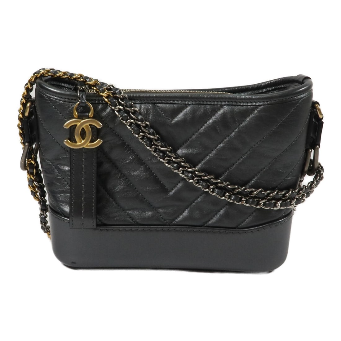 CHANEL Gabrielle Mini Shoulder Bag A91810 Silver Calfskin CC SHW: CHANEL Gabrielle Mini Shoulder Bag A91810 Silver Calfskin CC SHW CHANEL Mini Gabrielle chain shoulder bag in silver calfskin leather. This women's shoulder bag features a chain strap and an interior w