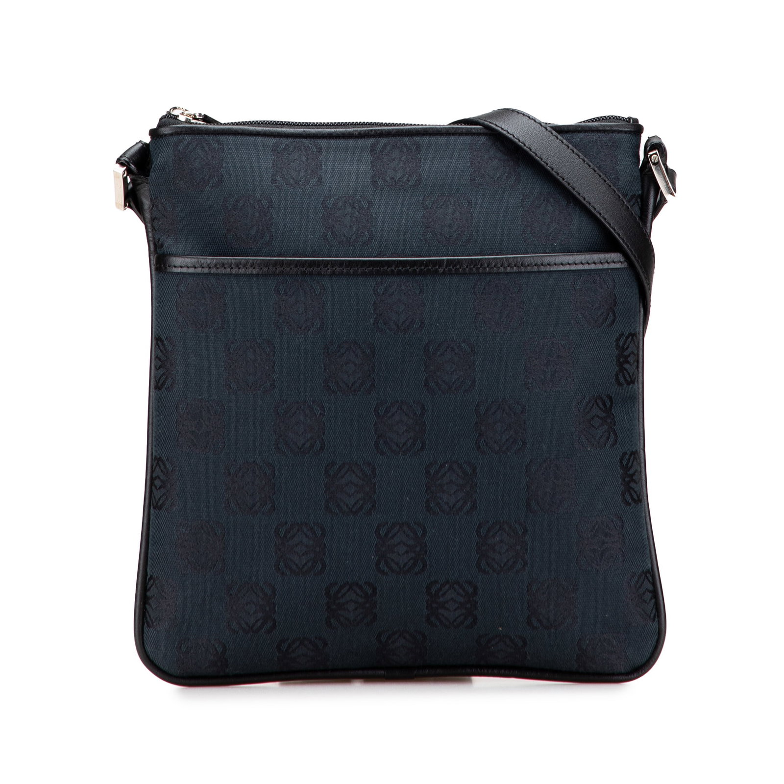 LOEWE Anagram blue canvas crossbody bag with leather trim: LOEWE Anagram blue canvas crossbody bag with leather trim LOEWE Anagram canvas crossbody bag with leather trim and an adjustable flat leather shoulder strap. The design includes a top zip closure, an 