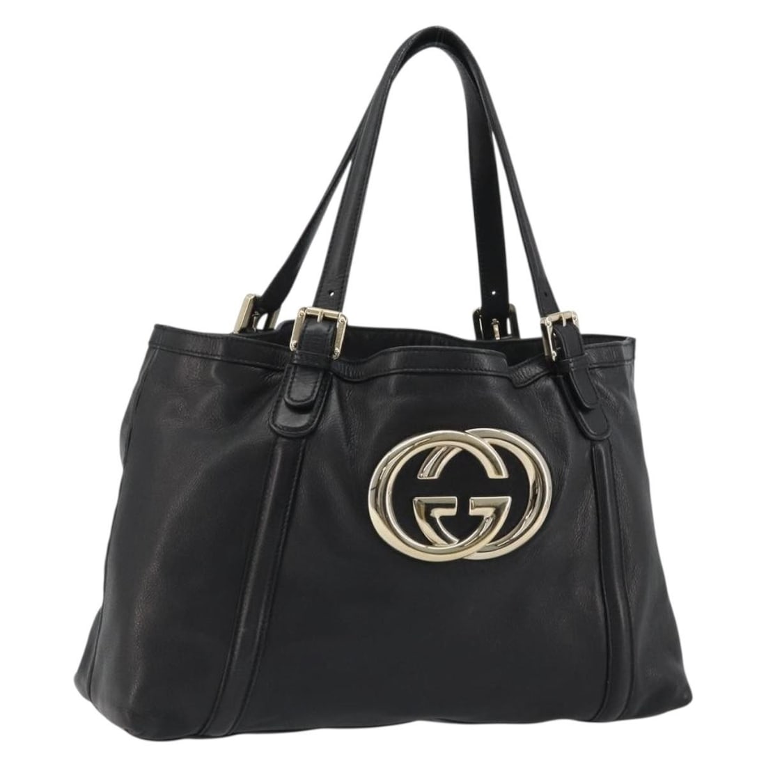 Gucci Newbrit Leather Tote Bag Black Gold 162094 Italy: Gucci Newbrit Leather Tote Bag Black Gold 162094 Italy Gucci Newbrit tote bag in black leather with gold-tone accents. This women's tote is made in Italy and comes as the bag only; item box and dust b