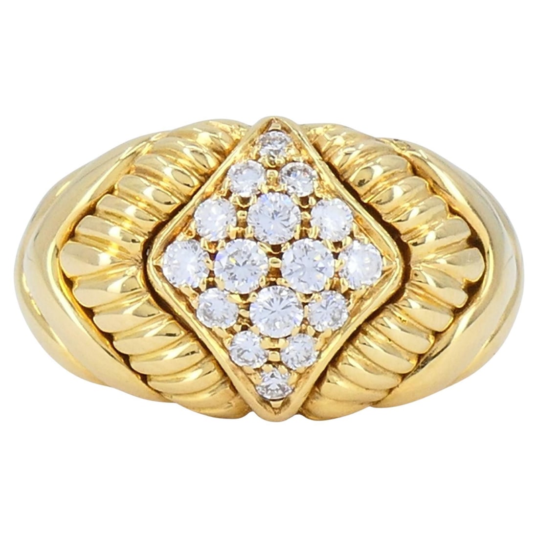 Boucheron 18k Yellow Gold Diamond Dome Ring France c 1990s: Boucheron 18k Yellow Gold Diamond Dome Ring France c 1990s Vintage Boucheron dome ring crafted in 18k yellow gold with a geometric lozenge-shaped raised diamond panel. The design features sculpted flu