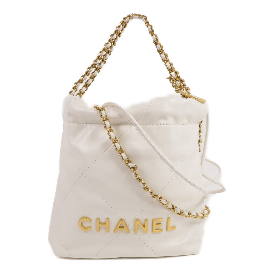 CHANEL Mini 22 AS3980 2way Shoulder Bag White Calfskin: CHANEL Mini 22 AS3980 2way Shoulder Bag White Calfskin Chanel Mini 22 shoulder bag in white calfskin leather with CC GHW detailing. This women's 2-way bag features an interior open pocket and comes wi