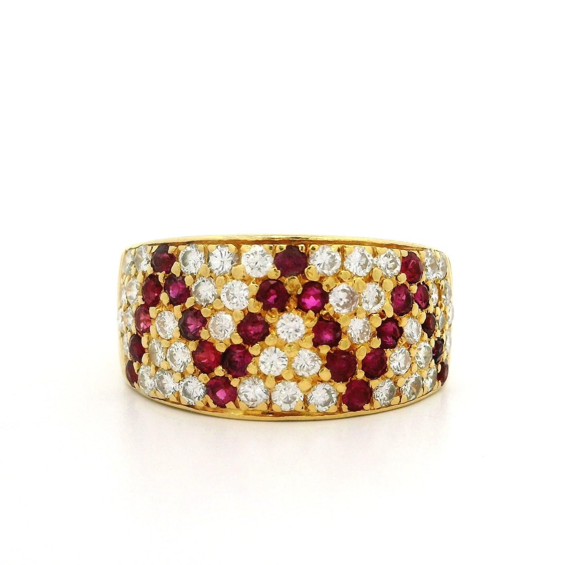 18k Yellow Gold Zig Zag Band Ring with Ruby and Diamond 1.75ctw: 18k Yellow Gold Zig Zag Band Ring with Ruby and Diamond 1.75ctw This stunning wide band ring is crafted from solid 18k yellow gold, featuring a unique zig zag design. Adorned with 25 natural genuine r