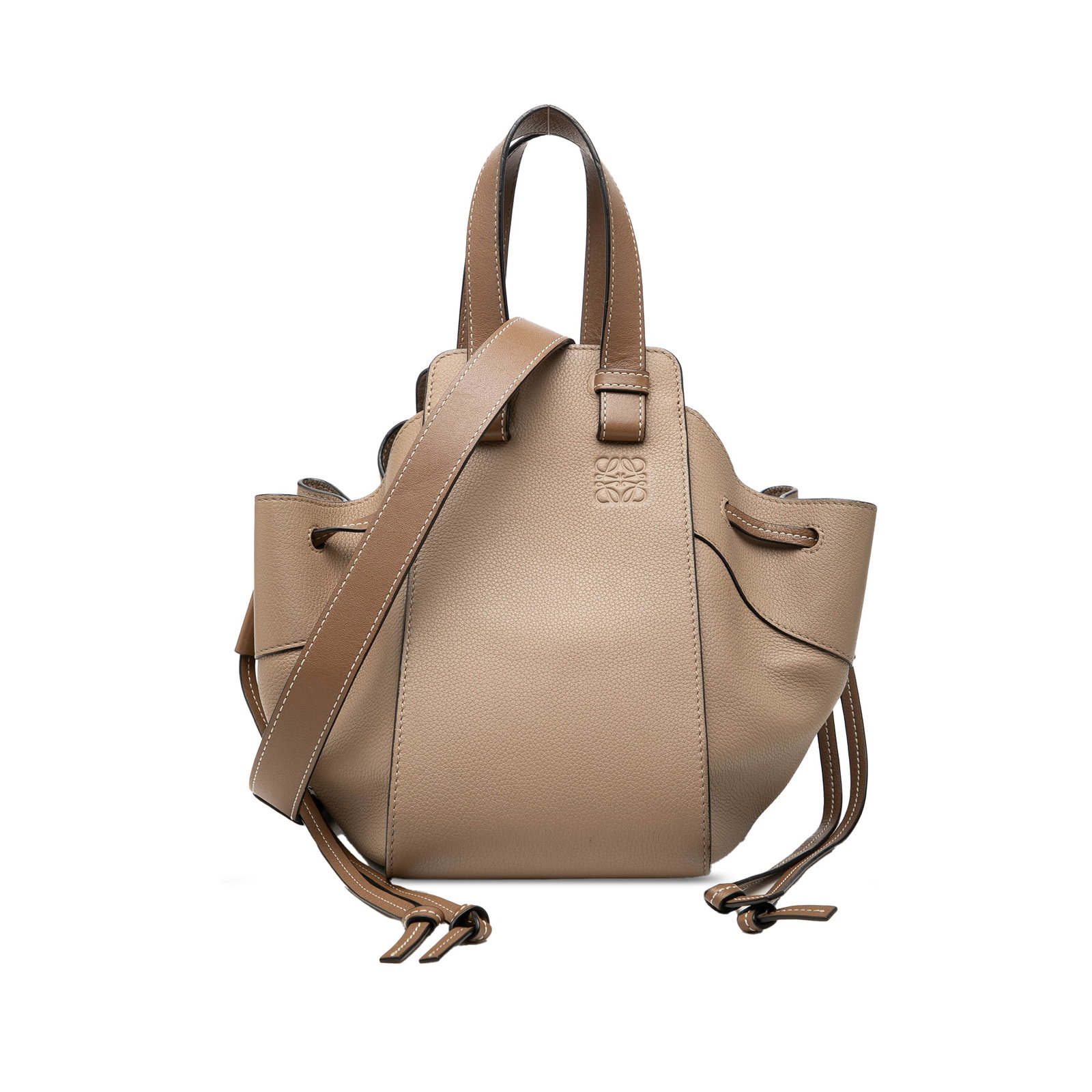 LOEWE Hammock Small Drawstring Shoulder Bag in Grained Calfskin: LOEWE Hammock Small Drawstring Shoulder Bag in Grained Calfskin LOEWE Small Grained Calfskin Drawstring Hammock Bag crafted with a leather body, flat leather handles, and a detachable, adjustable flat