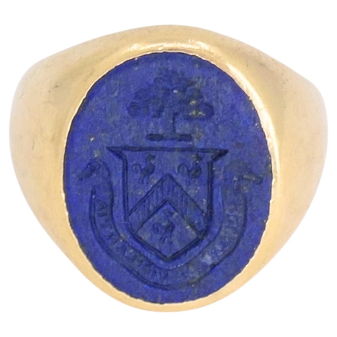 Tiffany & Co. Vintage 14k Gold Signet Ring with Carved Lapis Lazuli: Tiffany & Co. Vintage 14k Gold Signet Ring with Carved Lapis Lazuli Vintage Tiffany & Co. signet ring crafted in 14k gold with a carved lapis lazuli oval panel and engraved crest-style motif. The ring