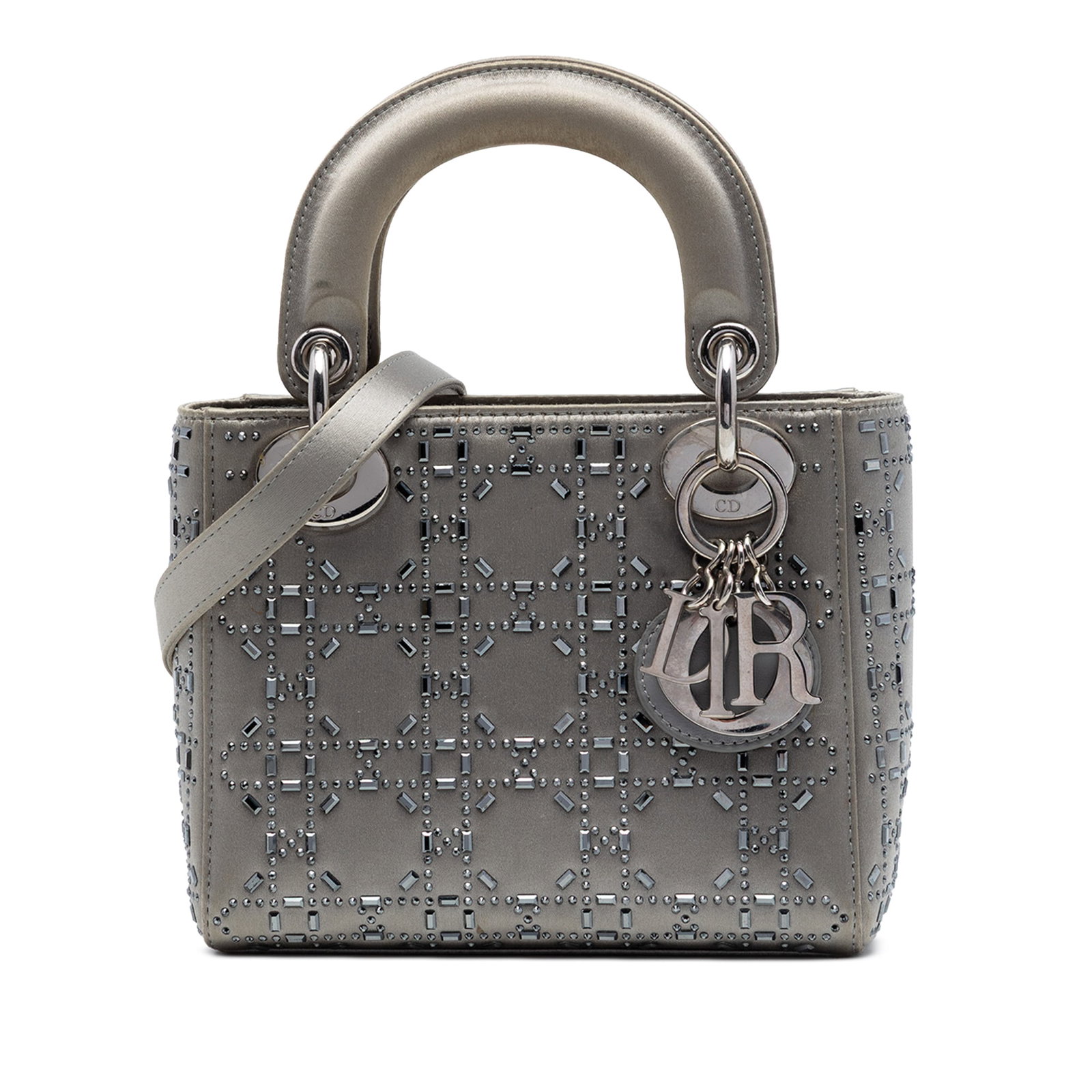 Dior Lady Dior Mini Cannage Satin Handbag with Crystal Embellishments: Dior Lady Dior Mini Cannage Satin Handbag with Crystal Embellishments Mini Lady Dior bag in gray satin with crystal embellishments and Cannage detailing. It features flat satin handles, a detachable f