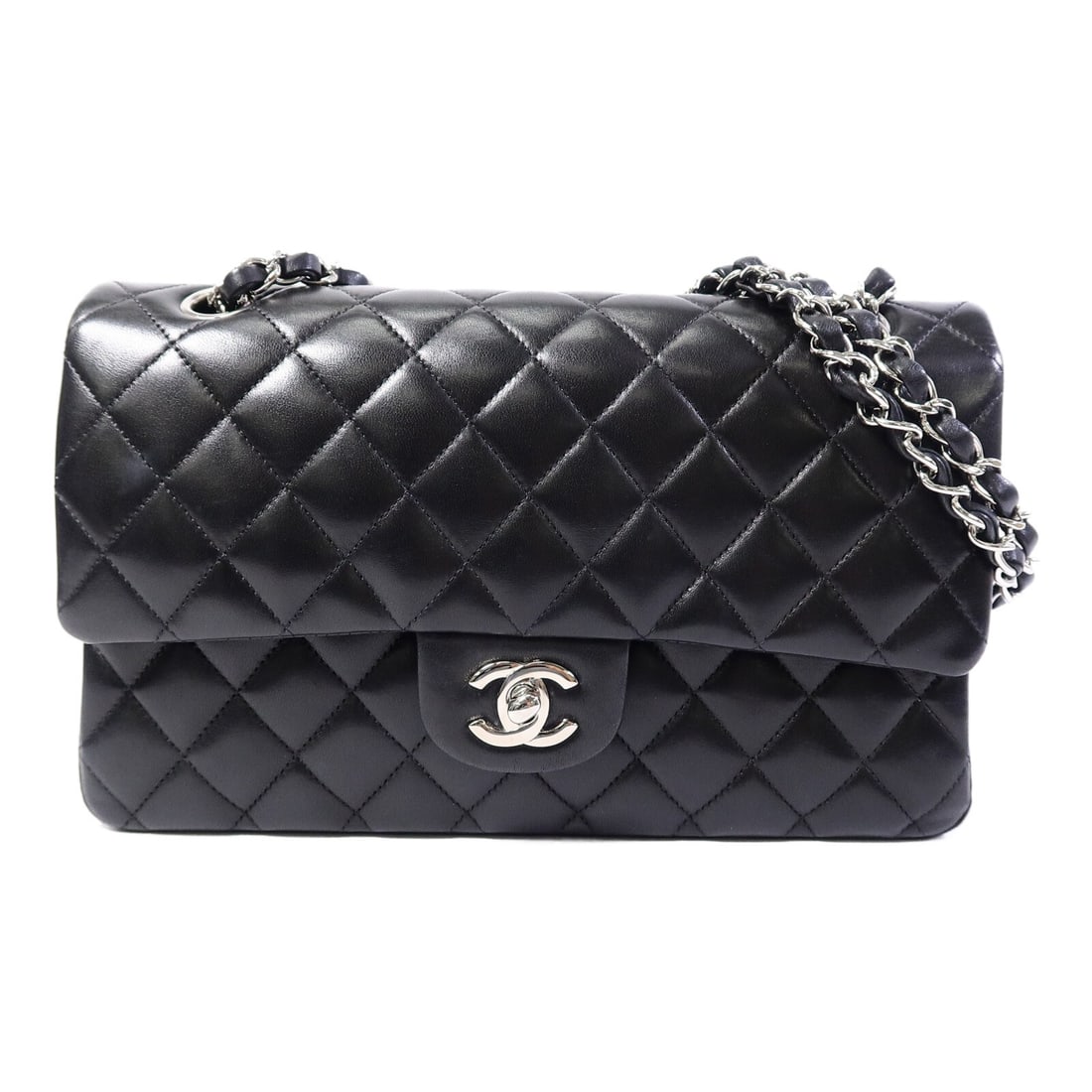 CHANEL A01112 Classic 25 Flap Shoulder Bag Black Lambskin SHW: CHANEL A01112 Classic 25 Flap Shoulder Bag Black Lambskin SHW Classic CHANEL CC SHW Chain Shoulder Bag in black lambskin leather. This model A01112 features a turn-lock closure and a shoulder strap wi