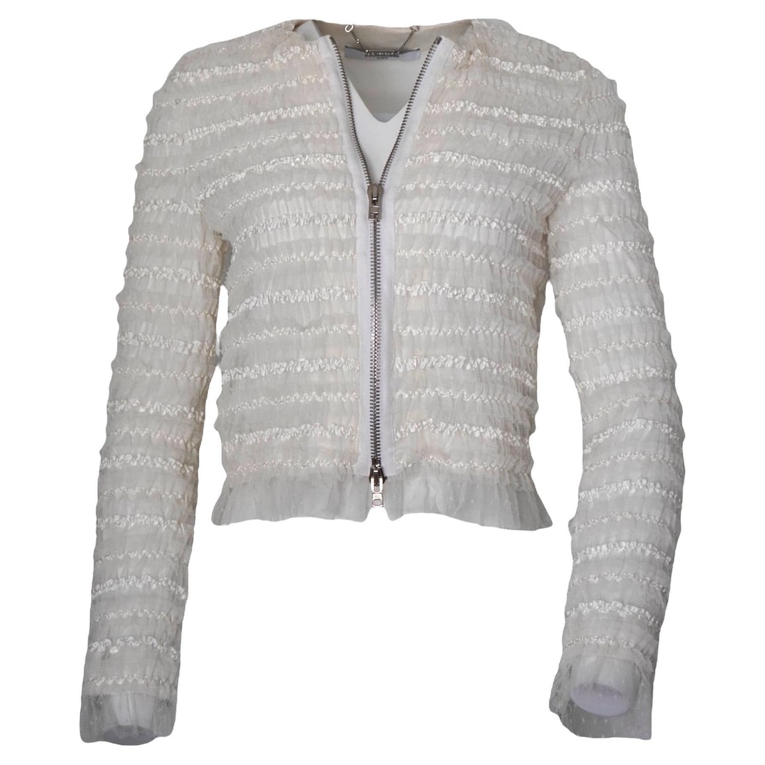 Givenchy Ribbon Mesh Zip Jacket in Cream EU 40: Givenchy Ribbon Mesh Zip Jacket in Cream EU 40 A Givenchy jacket in cream mesh with ribbon striping and a zip front. It features a polka-dotted mesh base with stacked ribbon and mesh stitching, creati