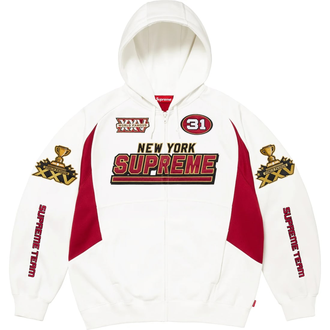 Supreme Football Full Zip Hoodie White Large: Supreme Football Full Zip Hoodie White Large Supreme Football White Zip Up Hoodie with a white base and football-inspired graphics. This full-zip hoodie is made from heavyweight cotton fleece and feat