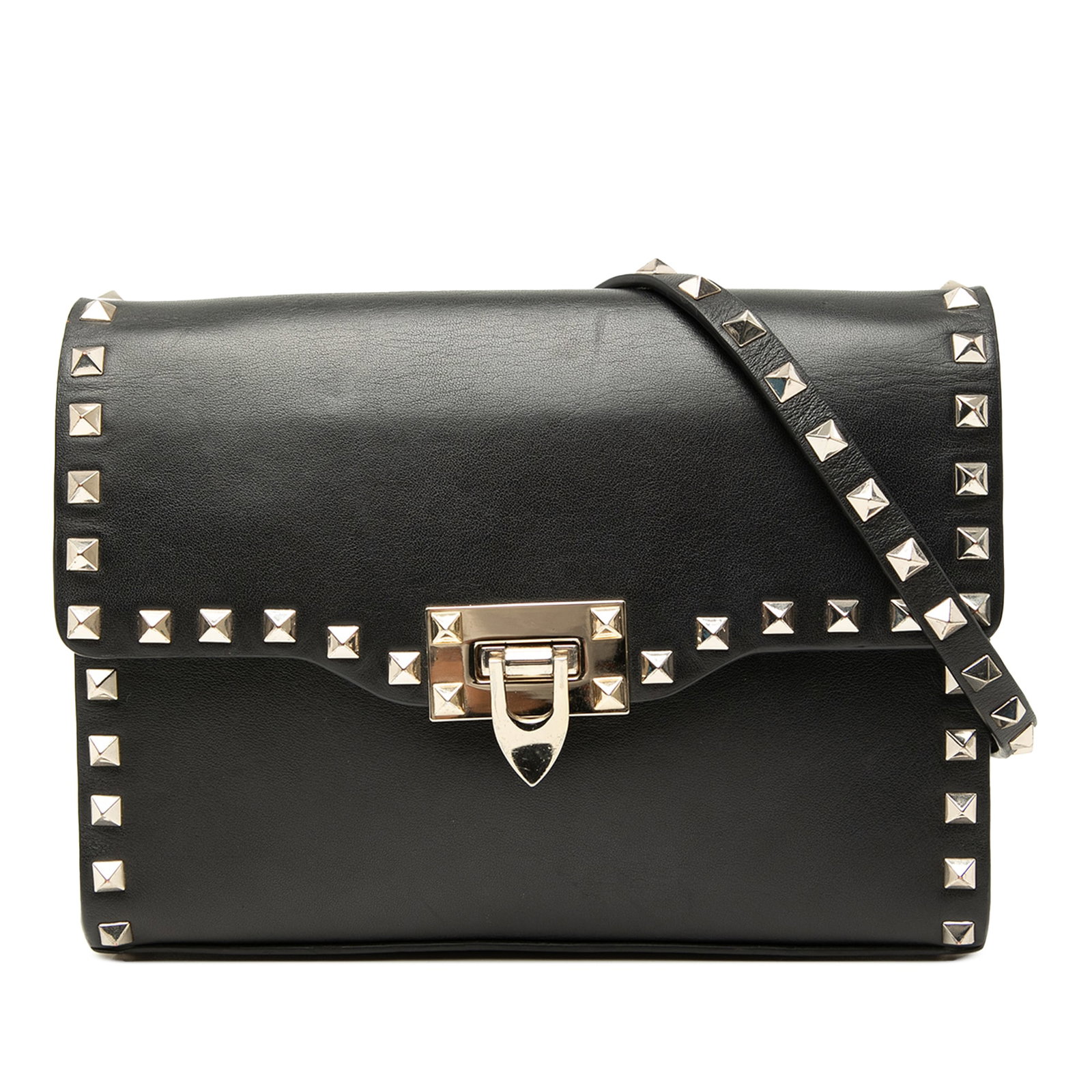 Valentino Rockstud Small Leather Crossbody Bag with Flip Lock: Valentino Rockstud Small Leather Crossbody Bag with Flip Lock Small Valentino Rockstud crossbody bag crafted in black leather with stud detailing and a front flap with flip lock closure. The design in