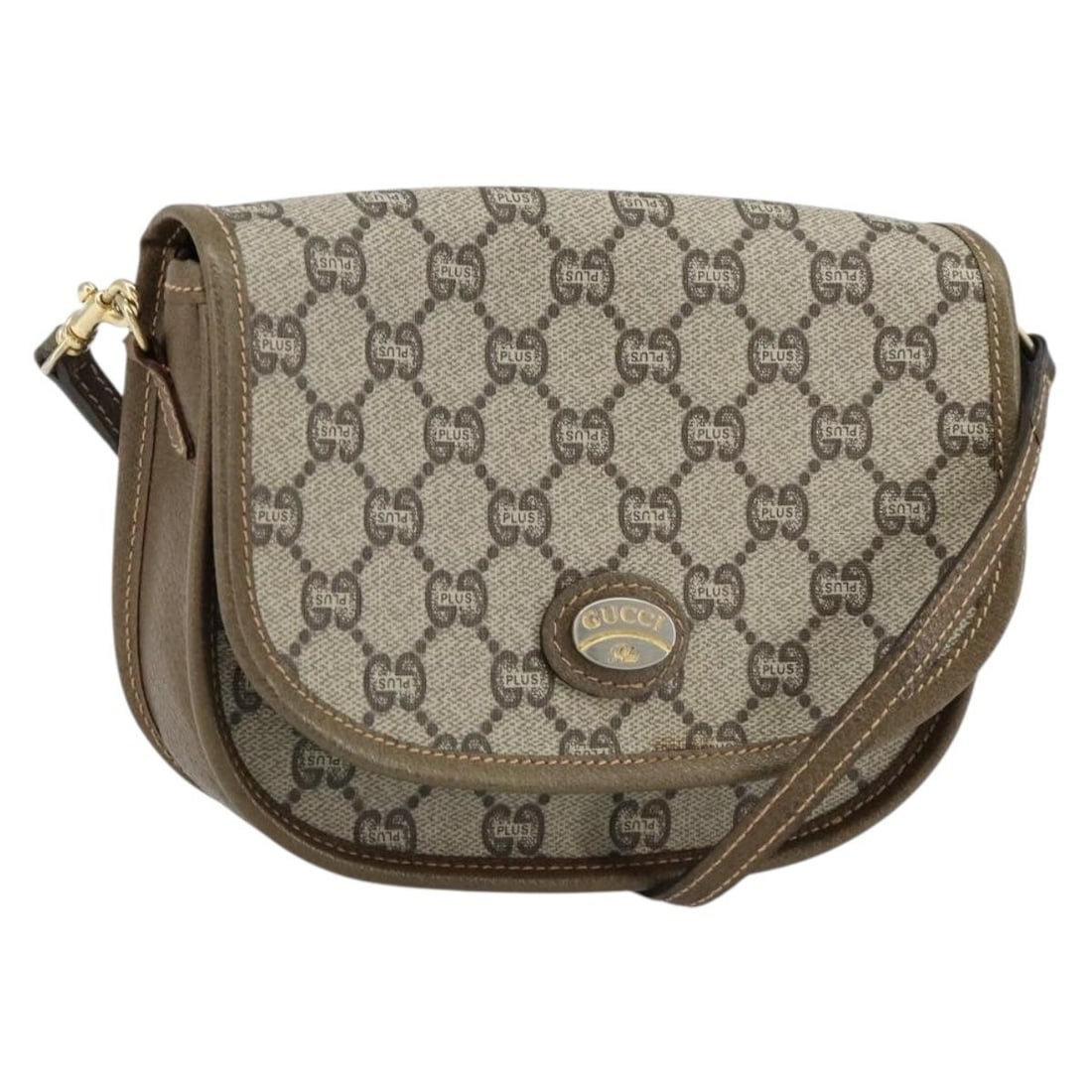 GUCCI GG Plus Supreme Shoulder Bag PVC Beige Gold Italy: GUCCI GG Plus Supreme Shoulder Bag PVC Beige Gold Italy This authentic GUCCI GG Plus Supreme Shoulder Bag combines style and functionality, crafted from durable PVC leather in a sophisticated beige an