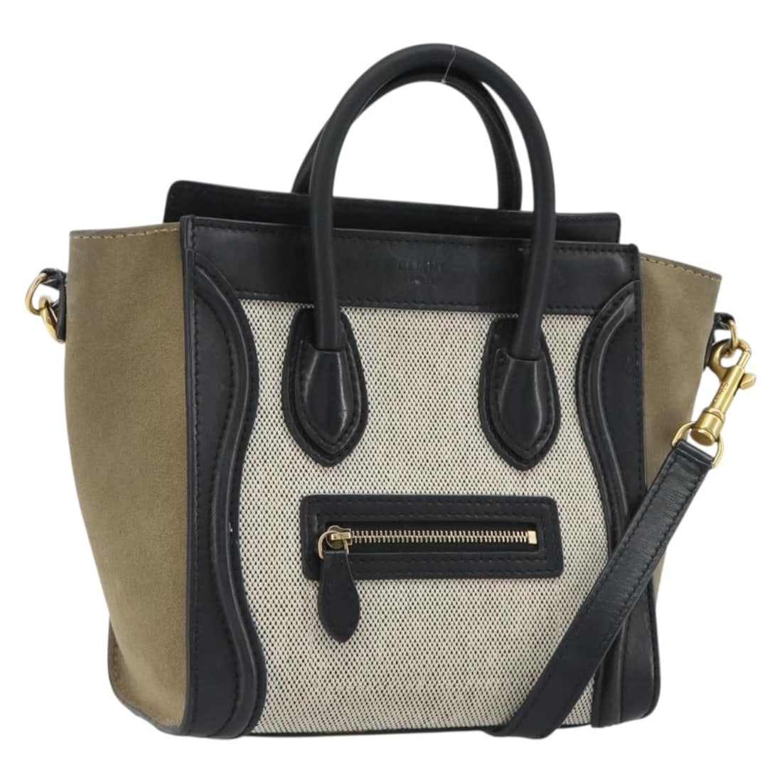CELINE Luggage Nano Shopper 2 Way Canvas Handbag Gray Gold: CELINE Luggage Nano Shopper 2 Way Canvas Handbag Gray Gold Celine Luggage Nano Shopper 2-way handbag in gray canvas with leather trim. This women's bag includes a shoulder strap and can be carried by 