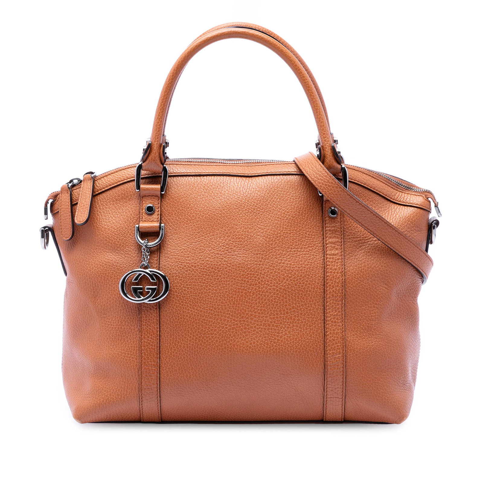Gucci GG Charm Dome Satchel Medium Brown Calfskin Leather: Gucci GG Charm Dome Satchel Medium Brown Calfskin Leather Gucci Medium Calfskin GG Charm Dome Satchel in brown leather with rolled leather handles, a detachable and adjustable flat leather shoulder st