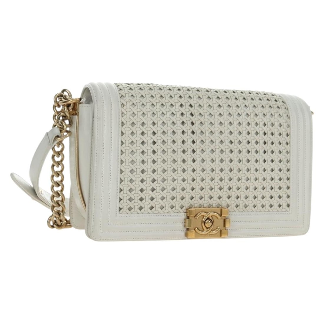 CHANEL Boy Chain Shoulder Bag White Leather Gold Tone: CHANEL Boy Chain Shoulder Bag White Leather Gold Tone White leather CHANEL Boy Chanel shoulder bag with gold-tone CC detailing. This women's shoulder bag is made in France and includes a dust bag and 