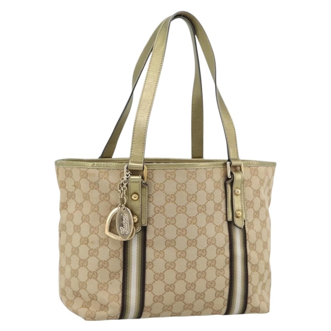 Gucci 137396 Sherry Line GG Canvas Handbag Beige Gold Charm: Gucci 137396 Sherry Line GG Canvas Handbag Beige Gold Charm Gucci Sherry Line handbag in beige and gold GG canvas with charm accessory. Made in Italy, this women's handbag shows heavy use with loss of