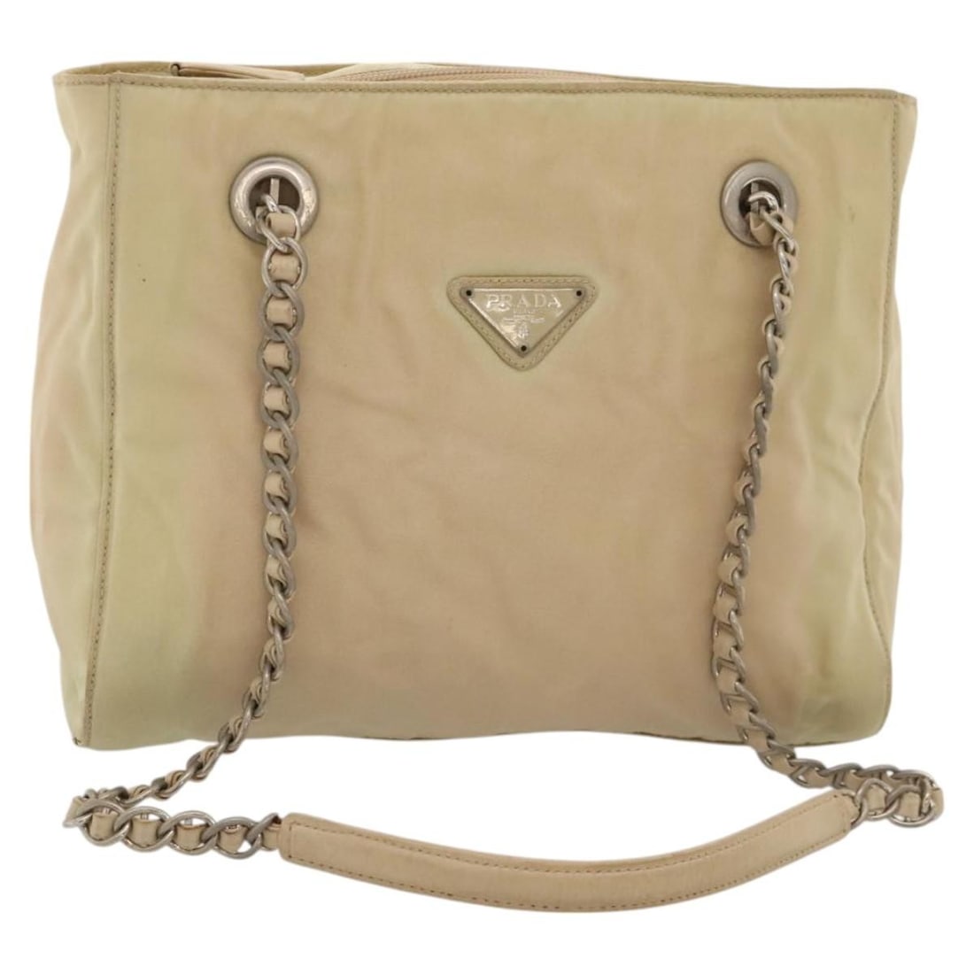Prada Beige Nylon Chain Shoulder Bag BD1635 Italy: Prada Beige Nylon Chain Shoulder Bag BD1635 Italy This PRADA chain shoulder bag features a beige nylon exterior and is designed for women. The bag is made in Italy and has a practical size suitable fo