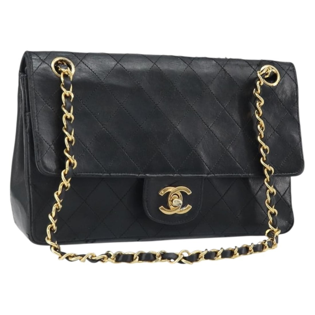 CHANEL Matelasse 25 Lamb Skin Shoulder Bag Black Gold CC: CHANEL Matelasse 25 Lamb Skin Shoulder Bag Black Gold CC Chanel Matelasse 25 Double Flap chain shoulder bag in lamb skin with a gold and black colorway. This women's bag was made in France and feature