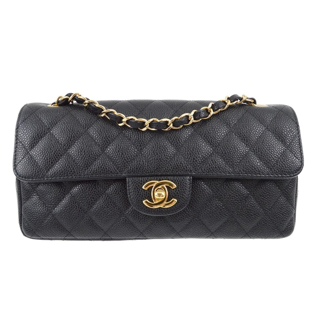 CHANEL East West Chain Shoulder Bag Black Caviar Leather: CHANEL East West Chain Shoulder Bag Black Caviar Leather Chanel East West chain shoulder bag in black caviar skin leather with a matelasse quilted finish and turn-lock closure. This medium shoulder ba