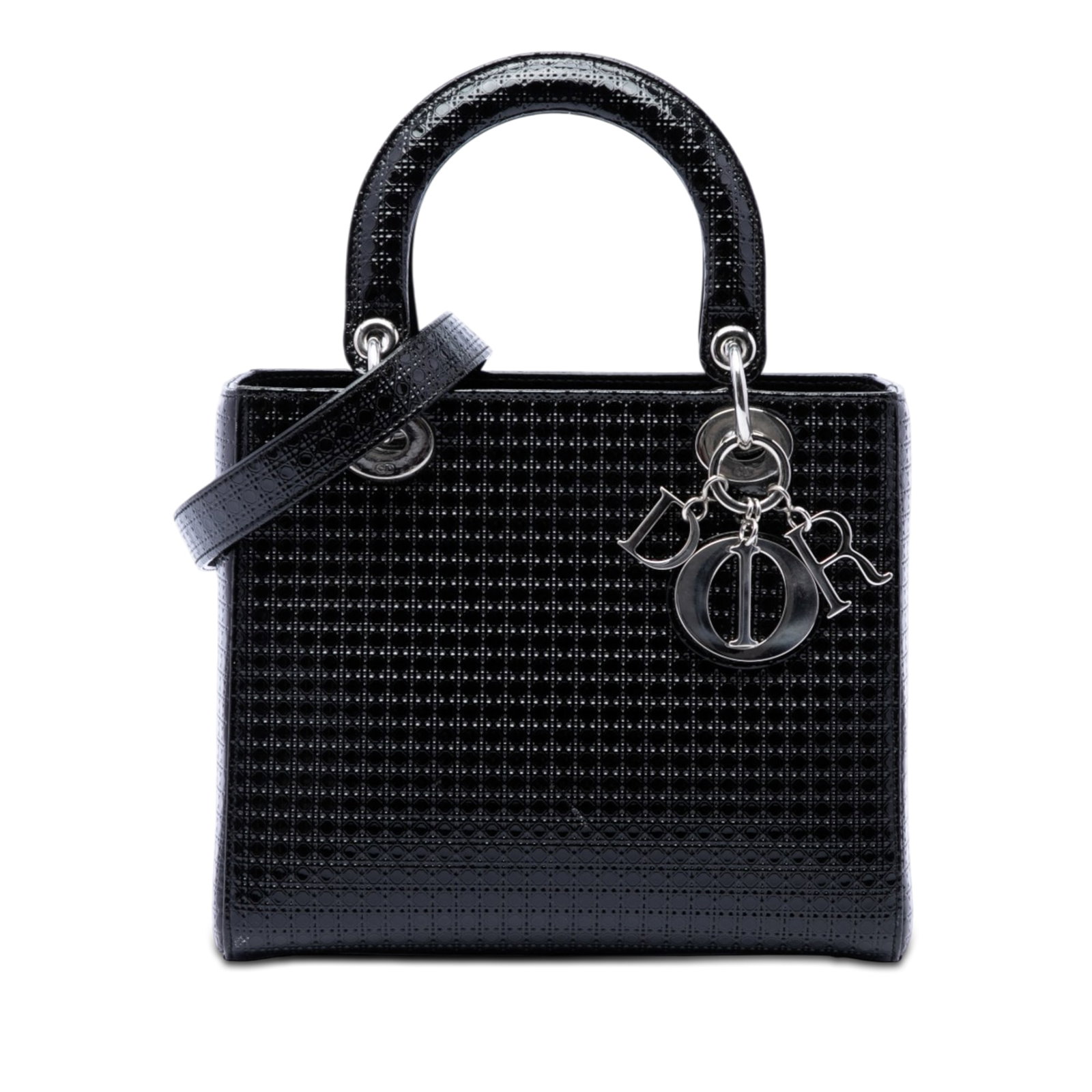 Dior Lady Dior Medium Black Patent Leather Microcannage Handbag: Dior Lady Dior Medium Black Patent Leather Microcannage Handbag Medium Lady Dior bag in black metallic patent leather with Microcannage quilting. This bag features flat top handles, a detachable flat 
