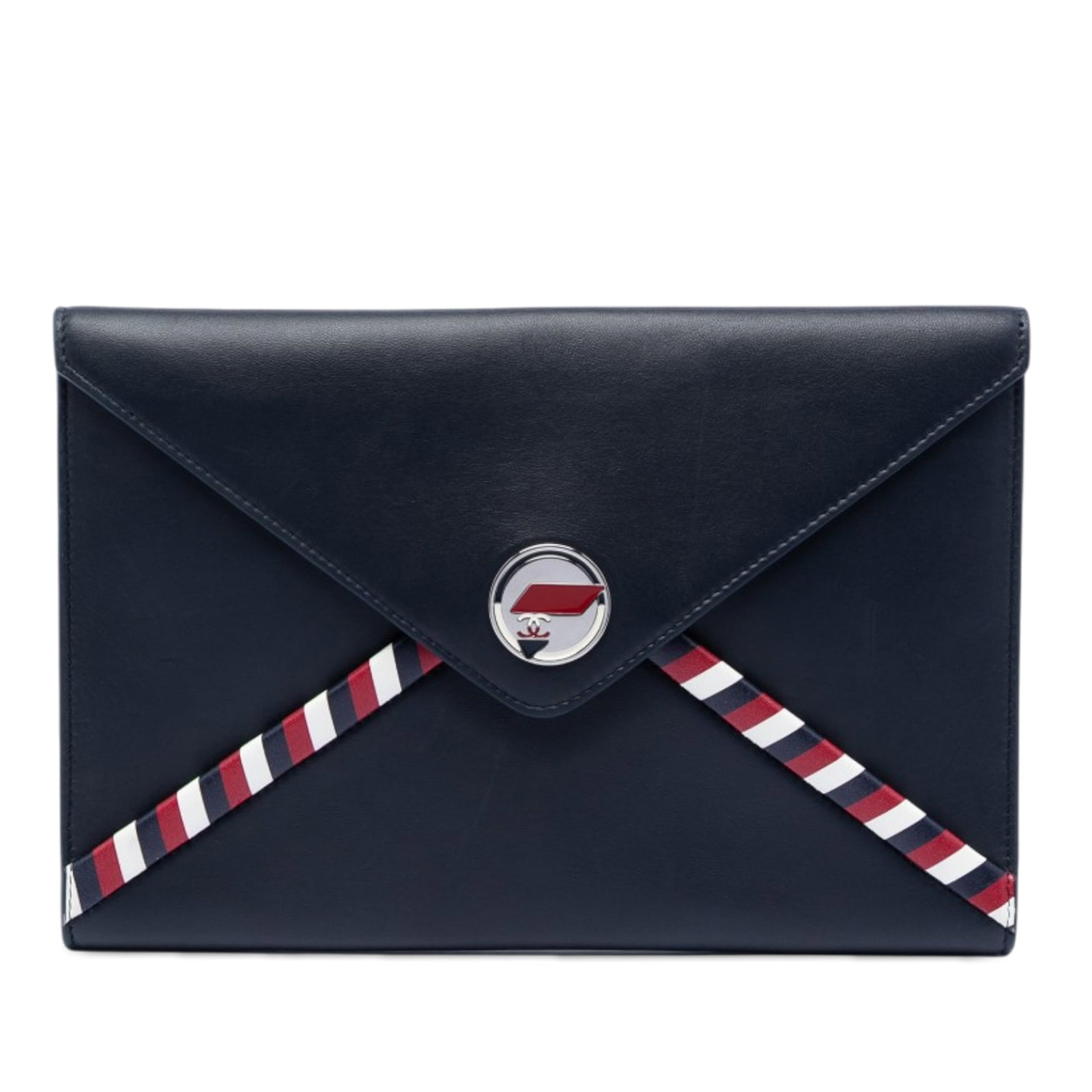 Blue Chanel Lambskin Envelope Clutch: Blue Chanel Lambskin Envelope Clutch This Chanel Lambskin Airlines Envelope Clutch is crafted from blue lambskin leather and features a sleek flap with snap button closure. The design includes an exte