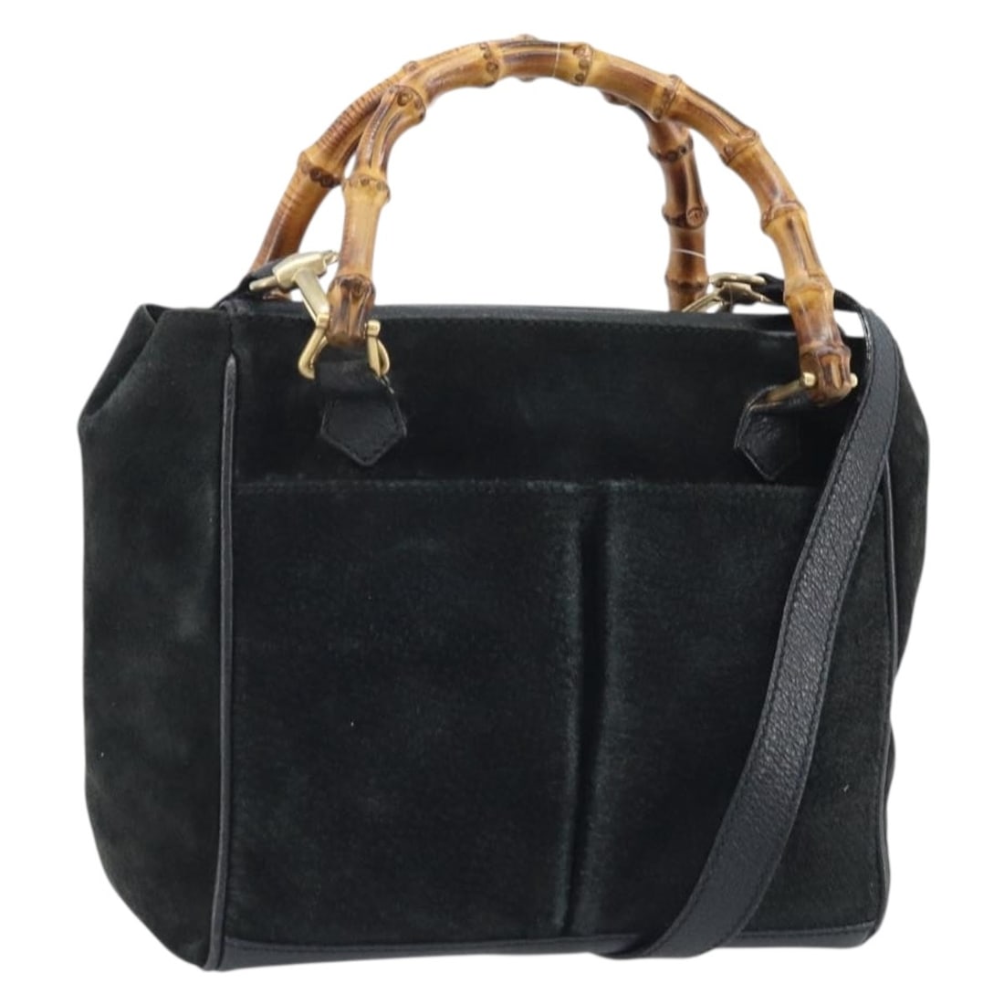 Gucci Bamboo Black Suede Two Way Handbag with Gold Hardware 000 122 0316: Gucci Bamboo Black Suede Two Way Handbag with Gold Hardware 000 122 0316 This GUCCI Bamboo handbag features a 2-way design in black suede with gold-tone accents. Designed for women, it is crafted in I