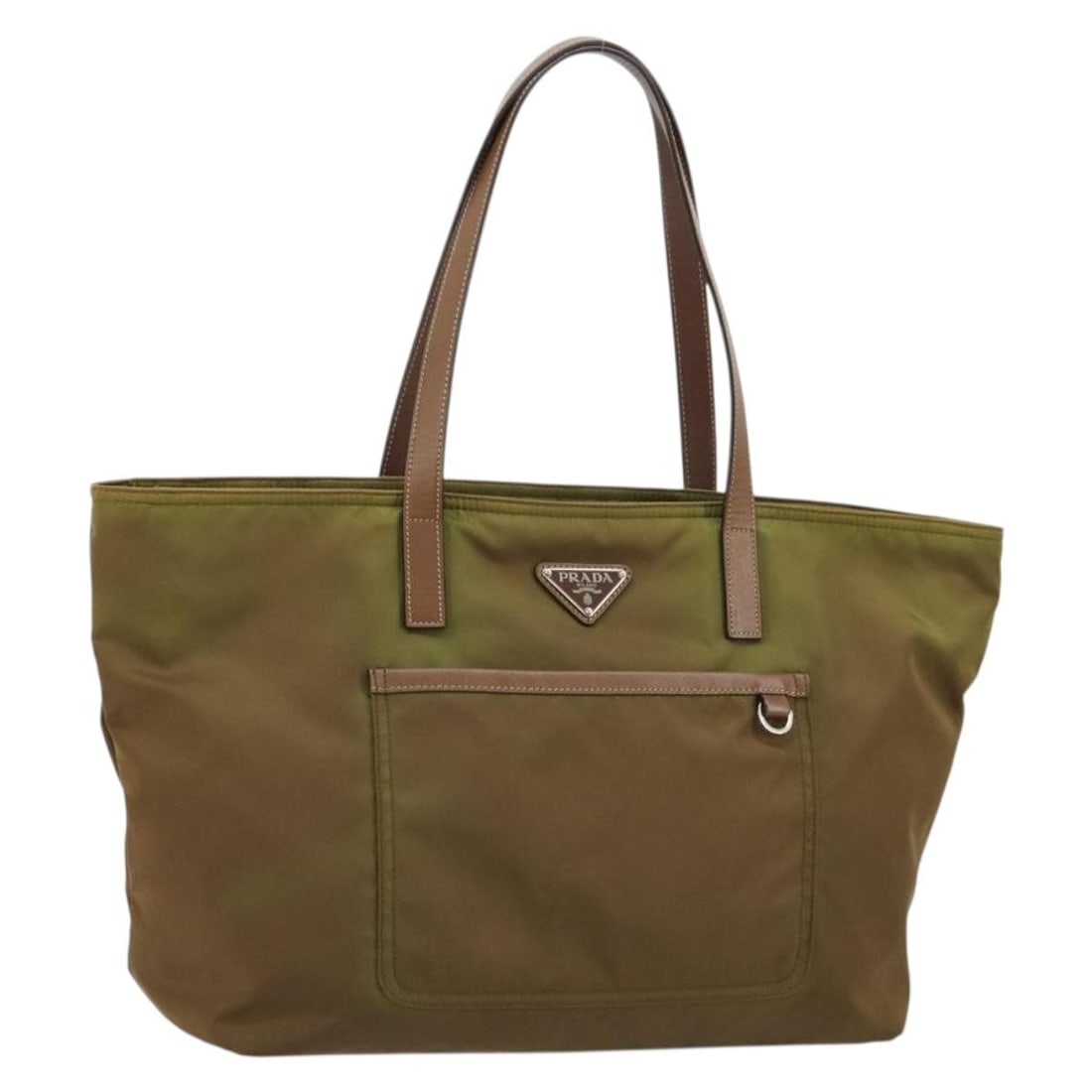 Prada green silver nylon tote with guarantee card: Prada green silver nylon tote with guarantee card This PRADA tote bag is crafted from durable nylon in a green and silver color combination. Designed for women, it features a spacious interior and pra