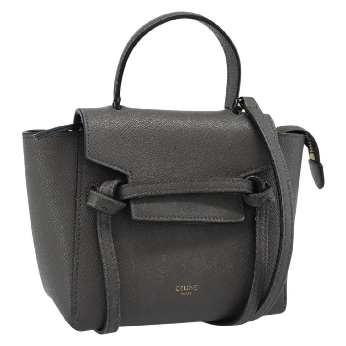 CELINE Pico Belt 2way Leather Handbag Gray with Shoulder Strap: CELINE Pico Belt 2way Leather Handbag Gray with Shoulder Strap Celine Pico Belt 2-way handbag in gray leather with gold-tone accents. This women's bag includes a shoulder strap and can be carried by h