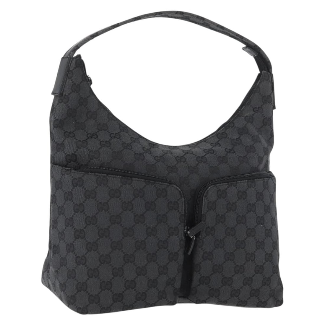Gucci 001 3380 1705 GG Canvas Shoulder Purse Black Silver: Gucci 001 3380 1705 GG Canvas Shoulder Purse Black Silver Gucci shoulder bag in black and silver GG canvas, made in Italy. This women's bag features a classic shoulder silhouette and is offered as the