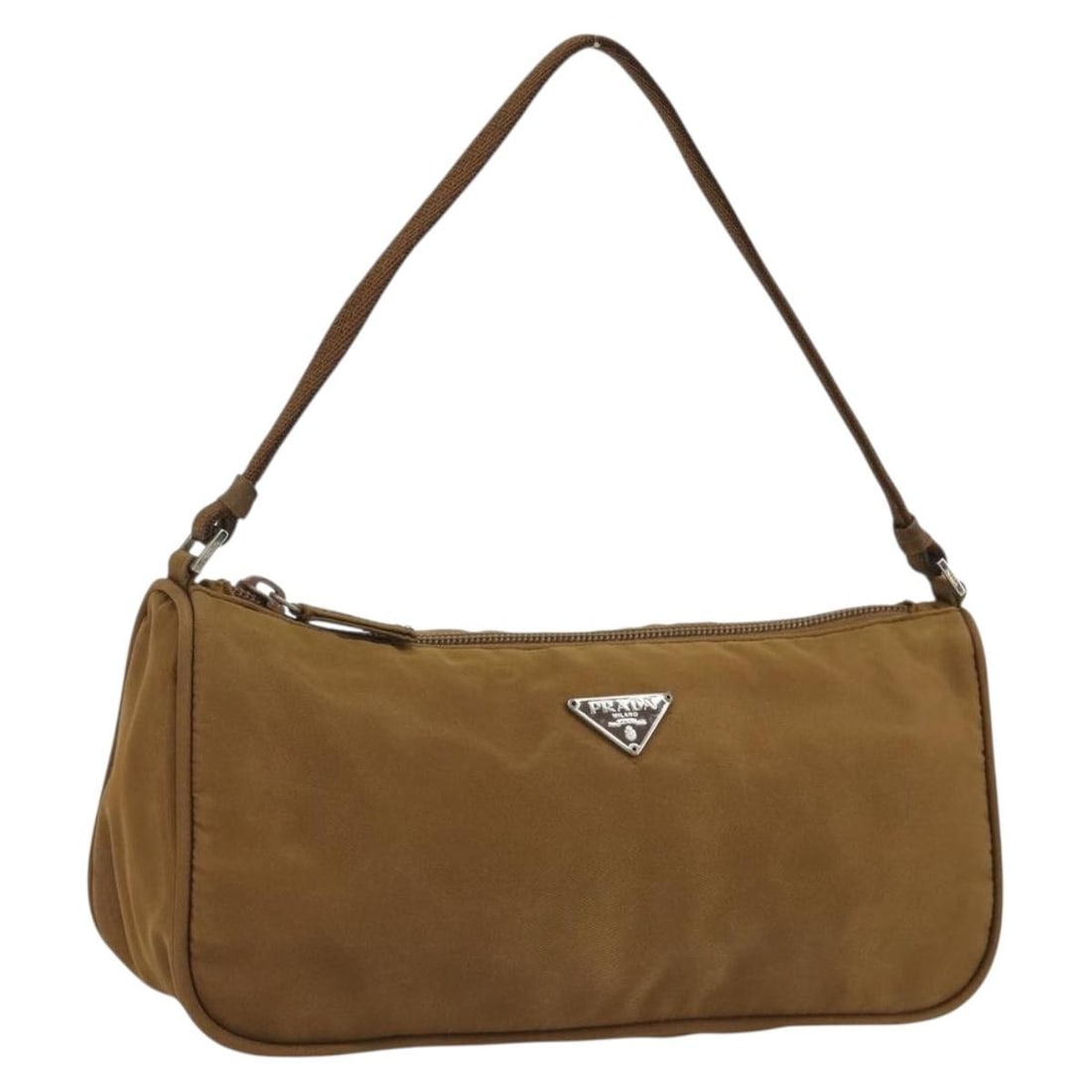 PRADA Nylon Accessory Pouch Brown Silver Tone Italy: PRADA Nylon Accessory Pouch Brown Silver Tone Italy This PRADA accessory pouch is crafted from nylon in a brown and silver colorway. It was made in Italy and measures approximately 24 cm wide, 12 cm h