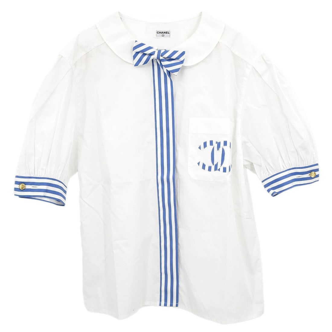 Chanel White Collared Short Sleeve Blouse with Exterior Pocket: Chanel White Collared Short Sleeve Blouse with Exterior Pocket White short sleeve blouse top with a collared neckline and regular fit. The item is listed as a Chanel top for women in regular size type