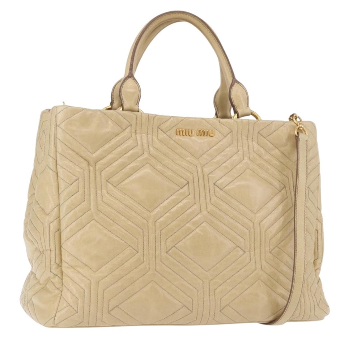 Miu Miu Beige Leather 2way Tote Bag with Shoulder Strap: Miu Miu Beige Leather 2way Tote Bag with Shoulder Strap Authentic Miu Miu 2-way tote bag in beige leather with gold-tone accents. This women's bag includes both top handles and a shoulder strap, along