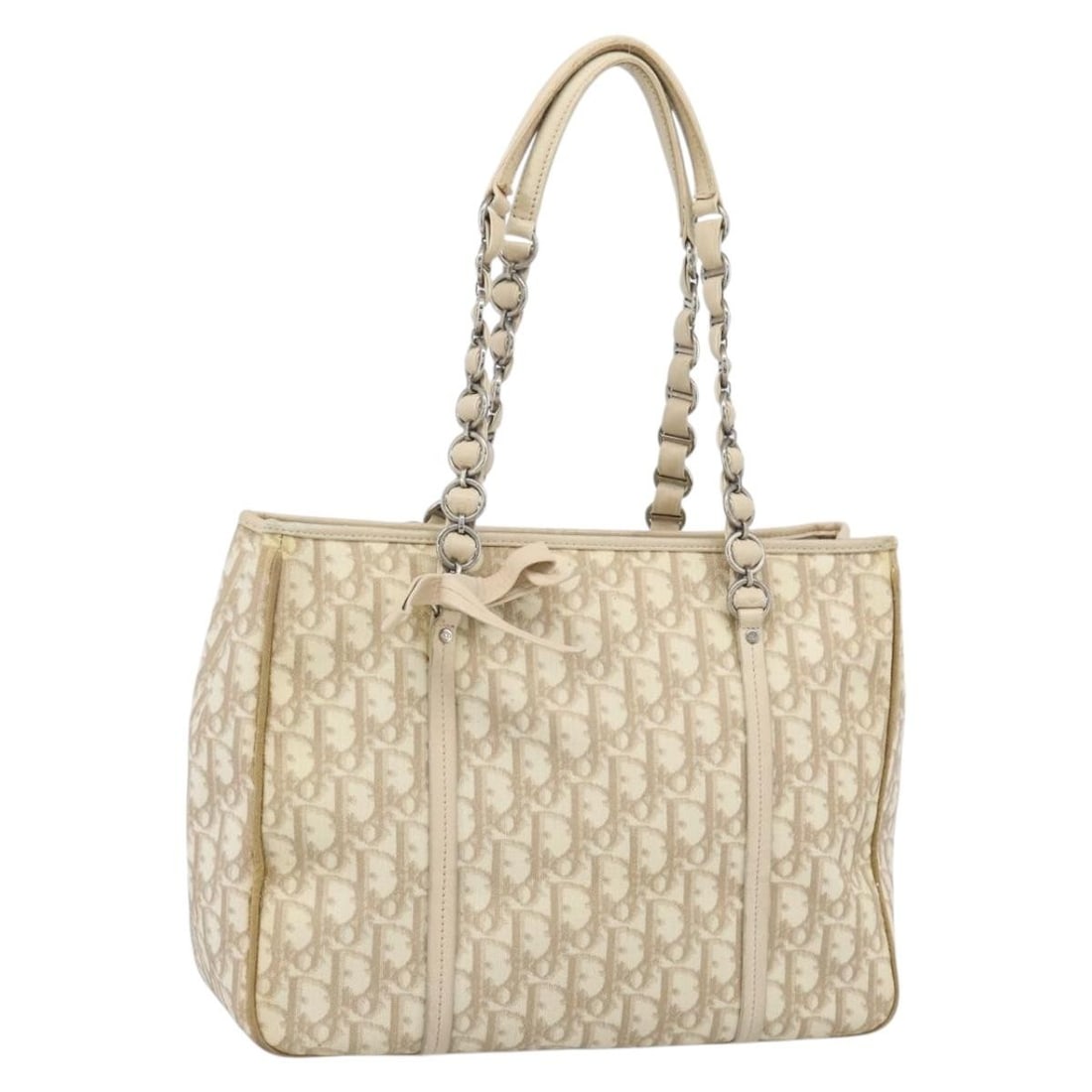 Christian Dior Romantic Chain Tote Bag Trotter Canvas PVC Ivory Silver: Christian Dior Romantic Chain Tote Bag Trotter Canvas PVC Ivory Silver Christian Dior Trotter canvas shoulder bag in ivory and silver with PVC leather trim and chain handles. Made in Italy. This women