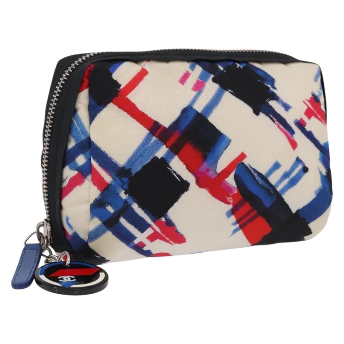 CHANEL White Silver Nylon Pouch for Women: CHANEL White Silver Nylon Pouch for Women Chanel white and silver nylon pouch made in Italy. This women's pouch is a heavily used piece with visible wear throughout, including loss of shape, rubbing, 
