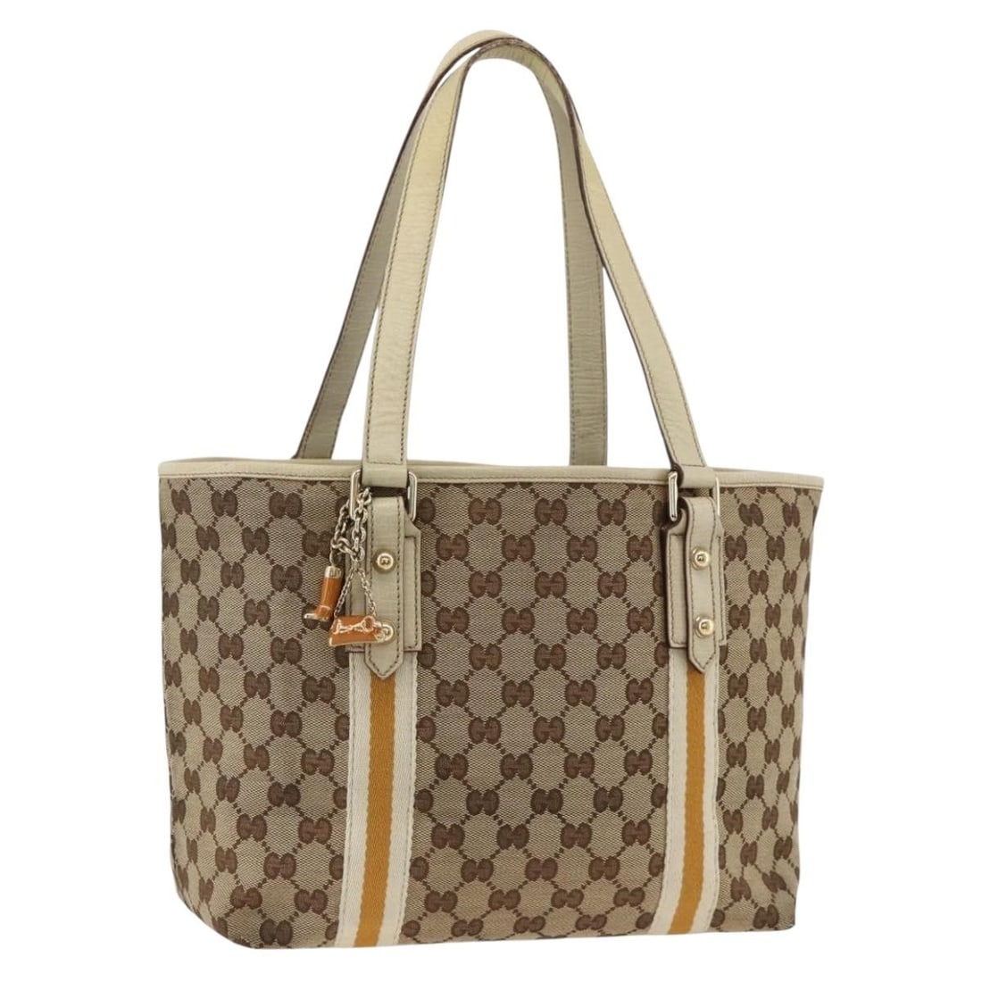 Gucci Sherry Line GG Canvas Tote Bag Beige Gold Charm: Gucci Sherry Line GG Canvas Tote Bag Beige Gold Charm This GUCCI GG Canvas Sherry Line Tote Bag features a beige and gold exterior crafted from signature GG canvas. Designed for women, the bag include