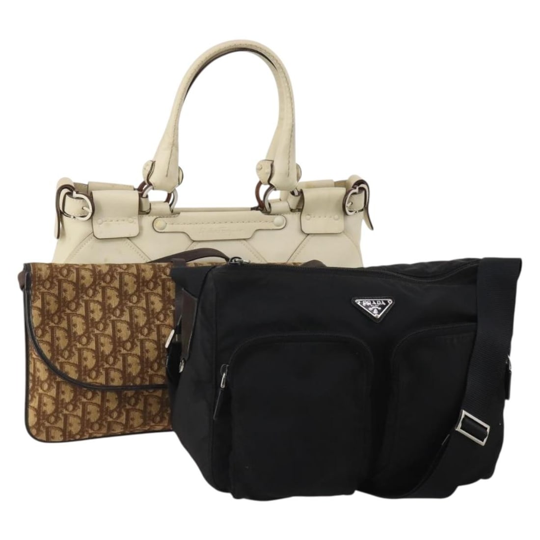 3 Handbag Bundle Salvatore Ferragamo Prada Christian Dior Nylon Canvas: 3 Handbag Bundle Salvatore Ferragamo Prada Christian Dior Nylon Canvas Bundle of three women's handbags in black and beige. The listing title references Salvatore Ferragamo, PRADA, and Christian Dior,