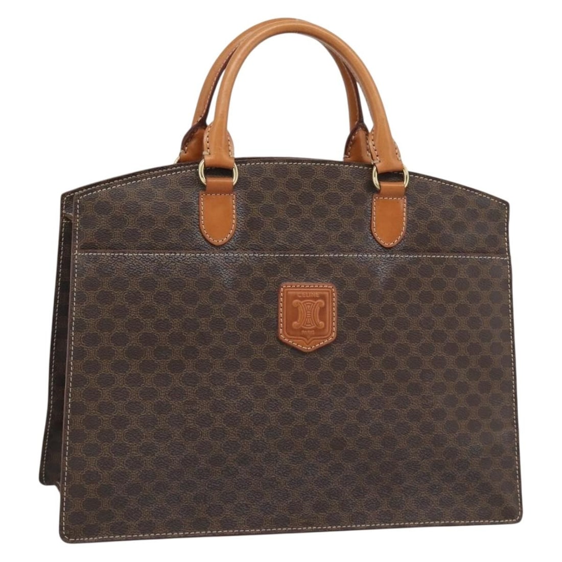 CELINE Macadam Canvas PVC Leather Handbag Brown Gold Tone: CELINE Macadam Canvas PVC Leather Handbag Brown Gold Tone Celine Macadam canvas hand bag in brown with gold-tone accents, made in Italy. This women's handbag is crafted from PVC leather and Macadam ca